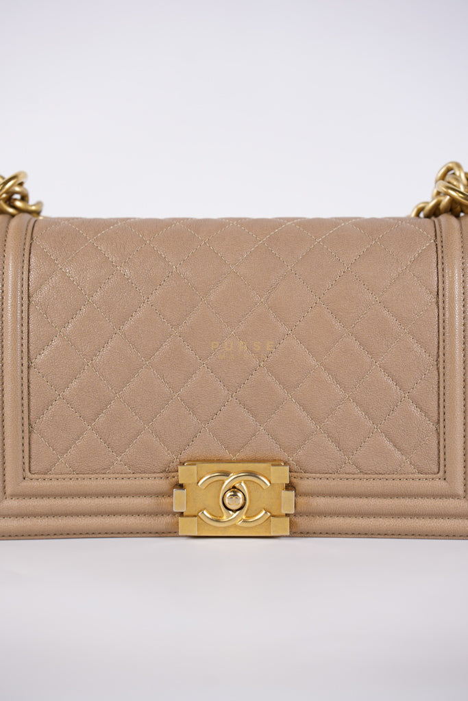 Boy Old Medium in Dark Beige Caviar Leather Aged Gold Hardware (Series 27) | Purse Maison Luxury Bags Shop