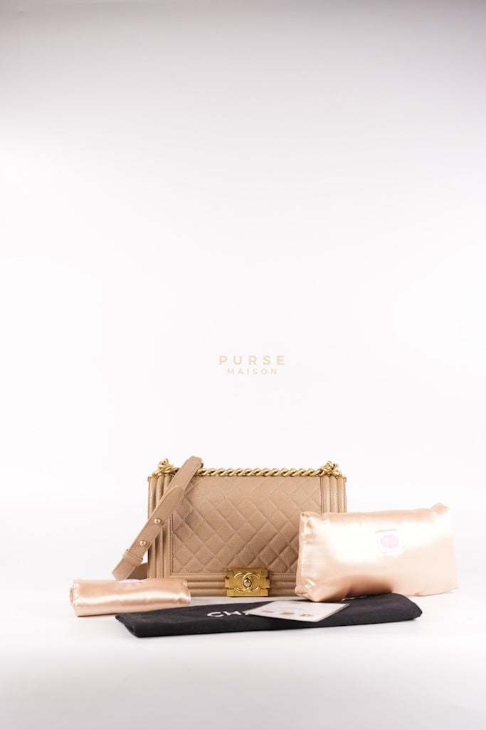 Boy Old Medium in Dark Beige Caviar Leather Aged Gold Hardware (Series 27) | Purse Maison Luxury Bags Shop