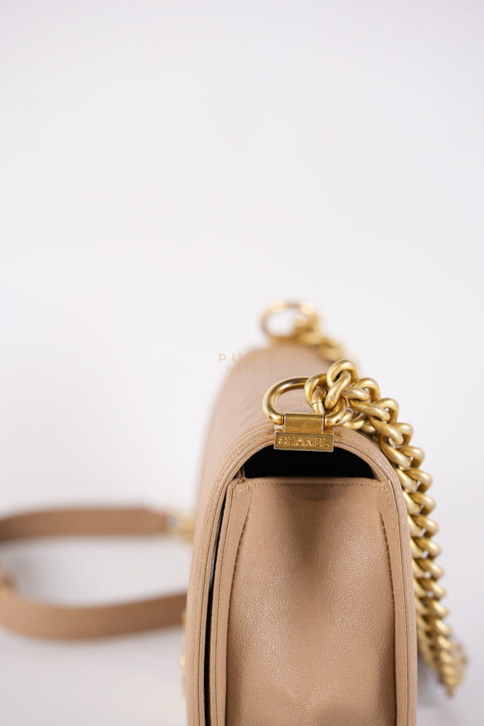 Boy Old Medium in Dark Beige Caviar Leather Aged Gold Hardware (Series 27) | Purse Maison Luxury Bags Shop