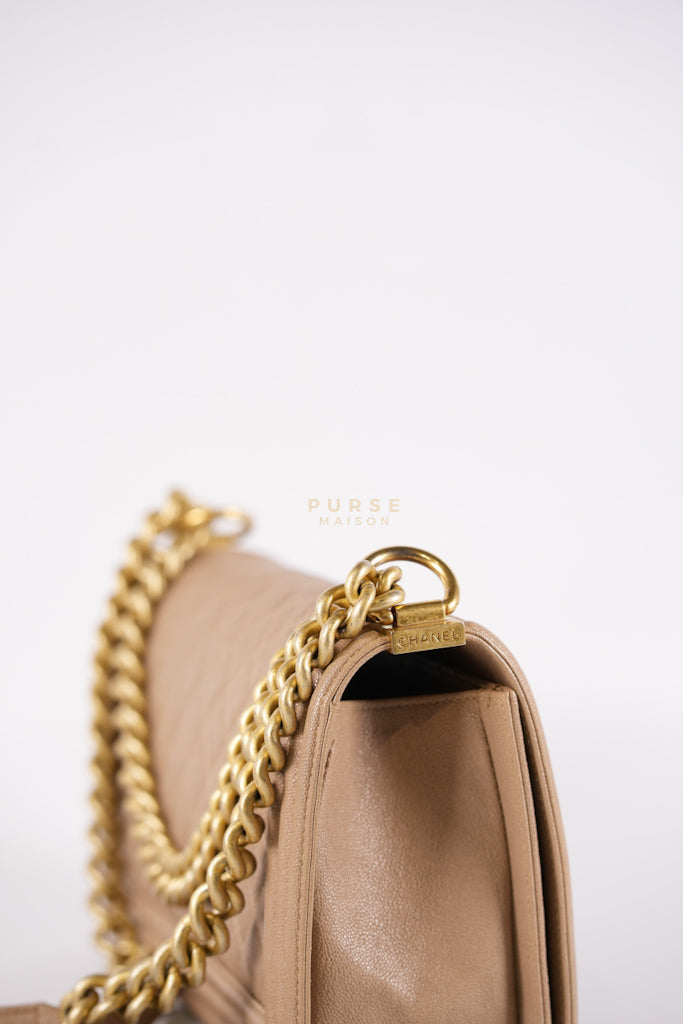 Boy Old Medium in Dark Beige Caviar Leather Aged Gold Hardware (Series 27) | Purse Maison Luxury Bags Shop