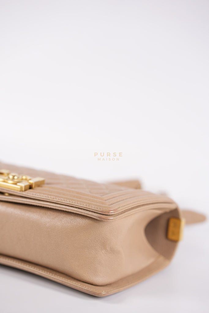 Boy Old Medium in Dark Beige Caviar Leather Aged Gold Hardware (Series 27) | Purse Maison Luxury Bags Shop
