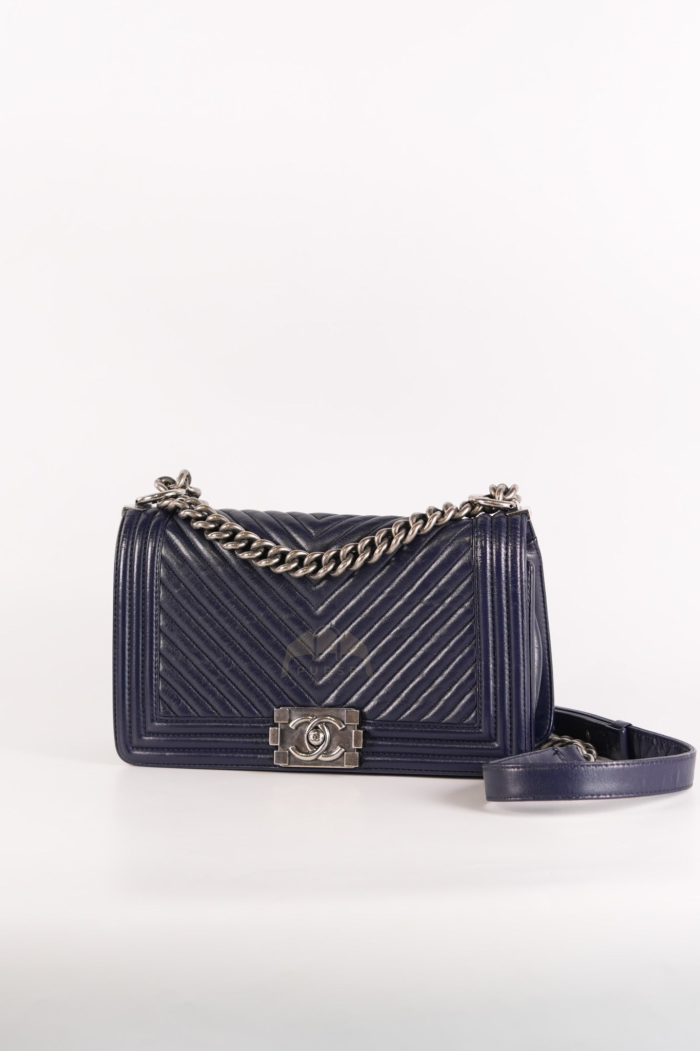 Boy Old Medium in Dark Blue Chevron Lambskin Leather Ruthenium Hardware (Series 20) | Purse Maison Luxury Bags Shop