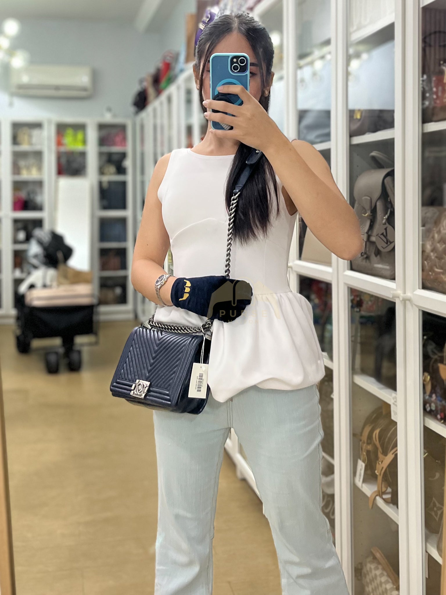 Boy Old Medium in Dark Blue Chevron Lambskin Leather Ruthenium Hardware (Series 20) | Purse Maison Luxury Bags Shop