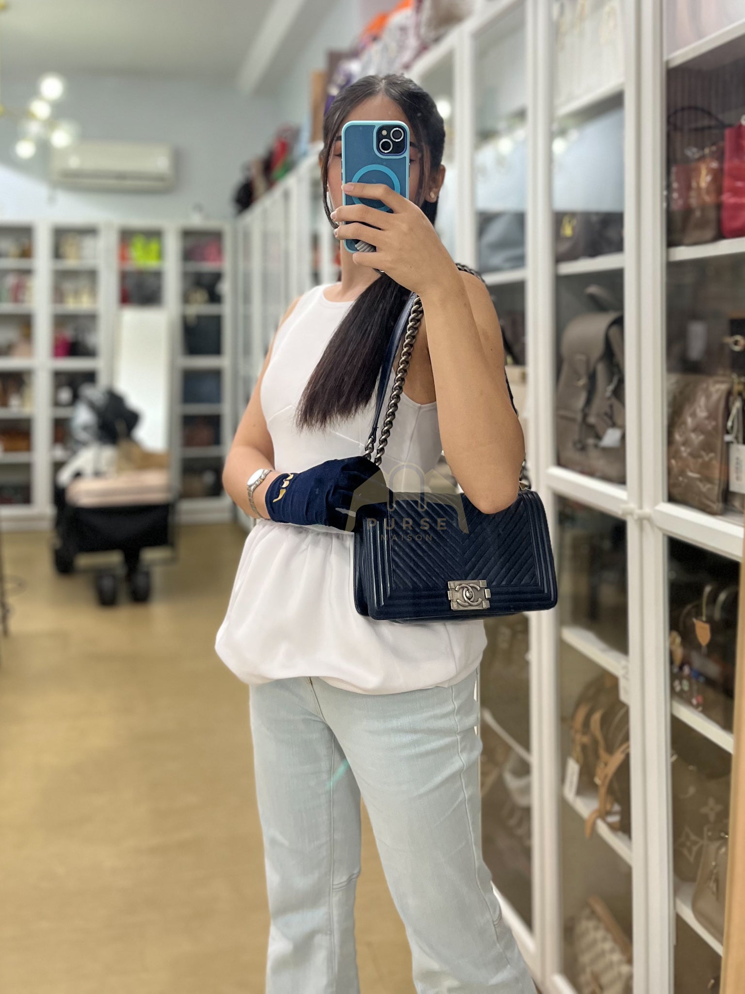 Boy Old Medium in Dark Blue Chevron Lambskin Leather Ruthenium Hardware (Series 20) | Purse Maison Luxury Bags Shop