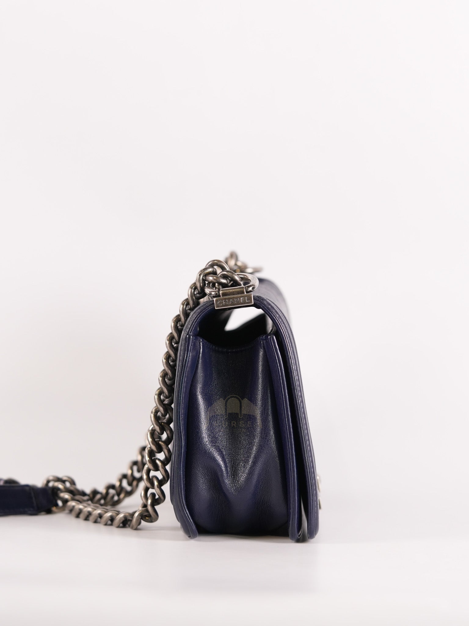 Boy Old Medium in Dark Blue Chevron Lambskin Leather Ruthenium Hardware (Series 20) | Purse Maison Luxury Bags Shop