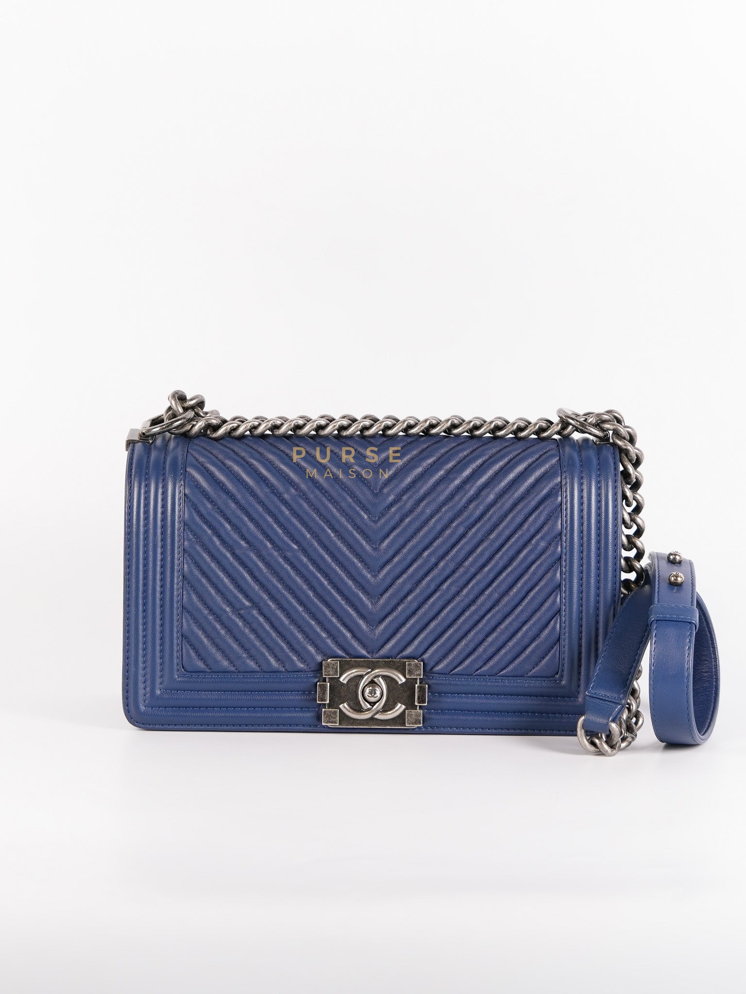 Boy Old Medium in Dark Royal Blue Chevron Lambskin Leather & Ruthenium Hardware Series 20 | Purse Maison Luxury Bags Shop