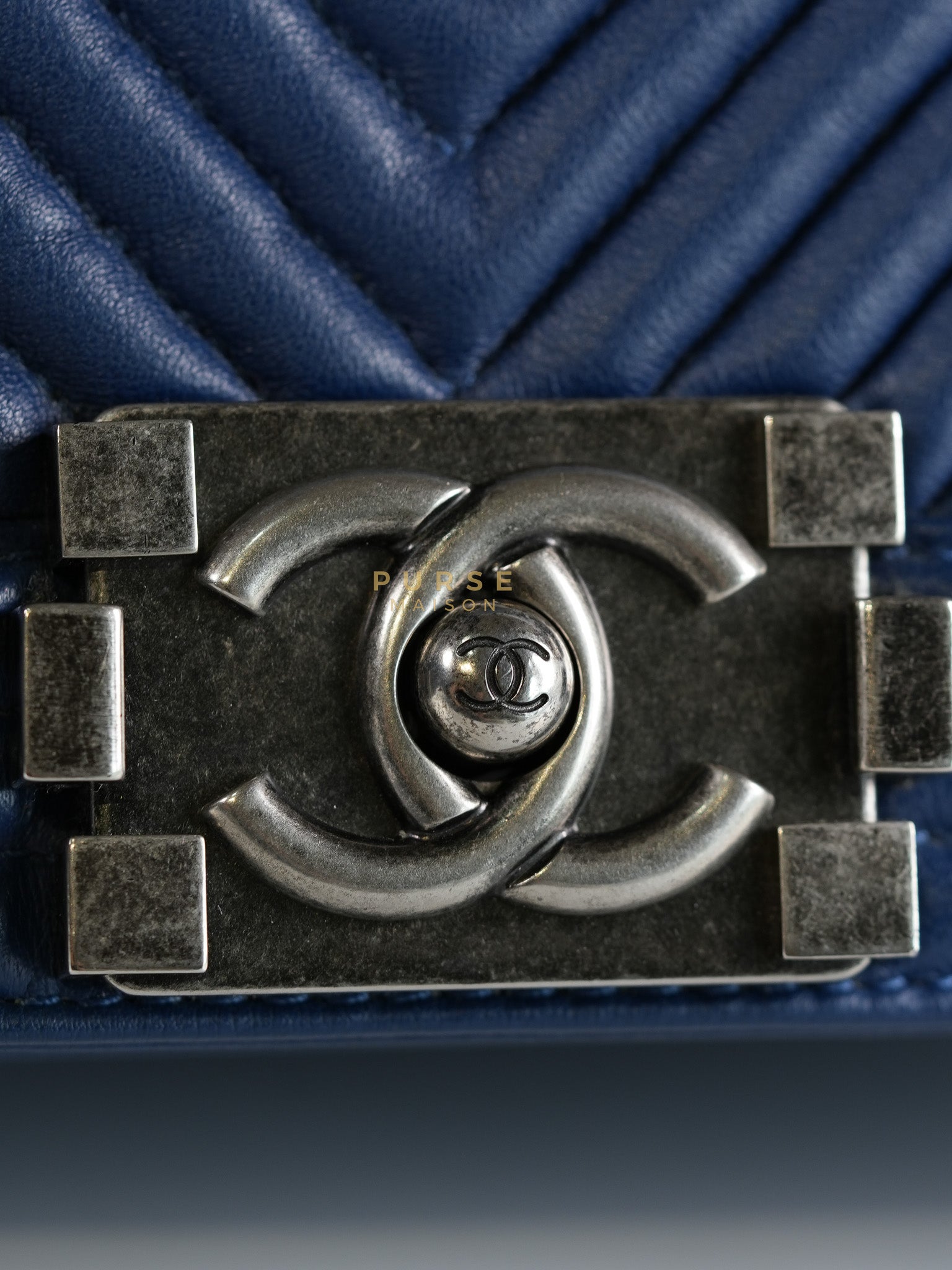 Boy Old Medium in Dark Royal Blue Chevron Lambskin Leather & Ruthenium Hardware Series 20 | Purse Maison Luxury Bags Shop