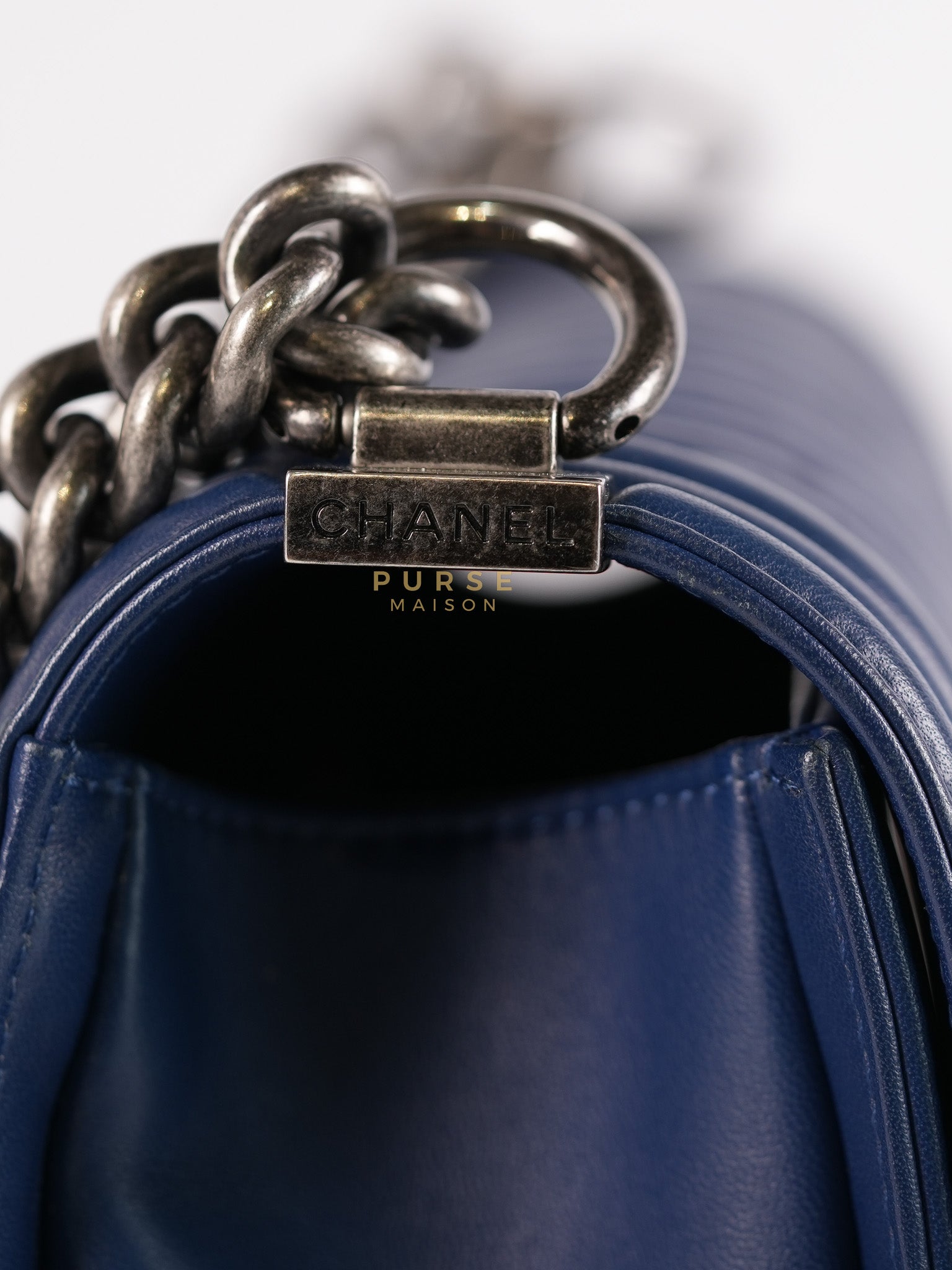 Boy Old Medium in Dark Royal Blue Chevron Lambskin Leather & Ruthenium Hardware Series 20 | Purse Maison Luxury Bags Shop