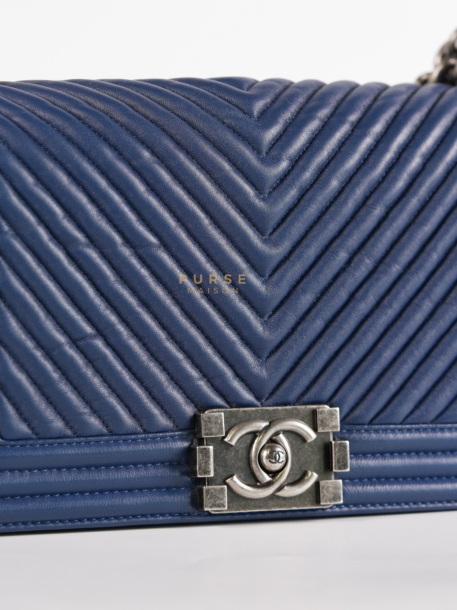 Boy Old Medium in Dark Royal Blue Chevron Lambskin Leather & Ruthenium Hardware Series 20 | Purse Maison Luxury Bags Shop