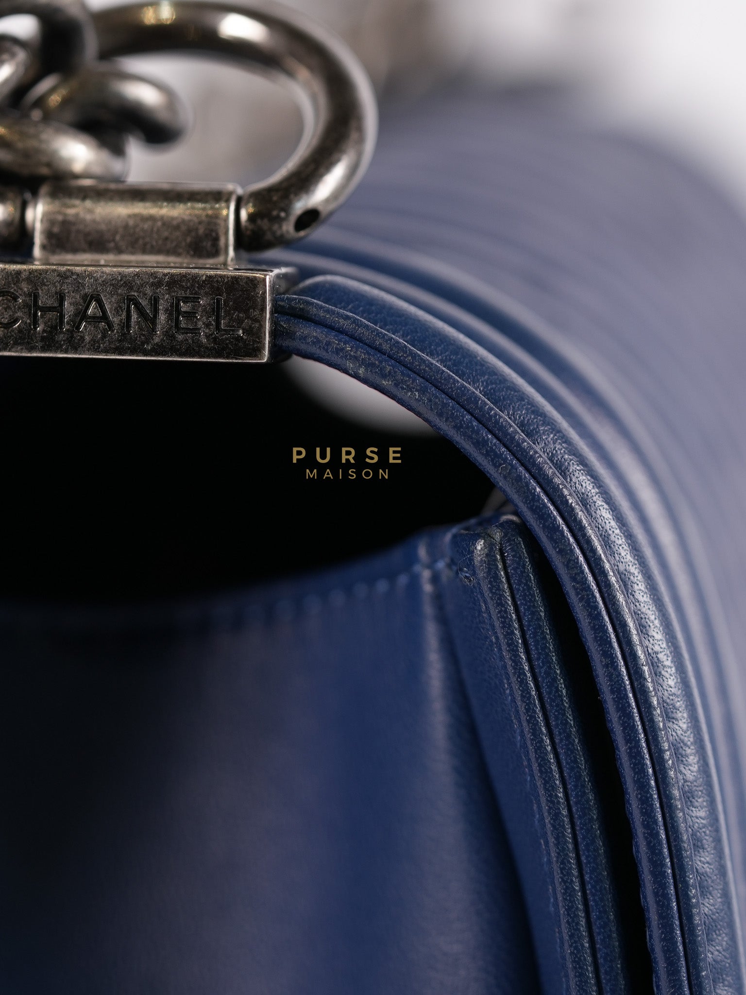 Boy Old Medium in Dark Royal Blue Chevron Lambskin Leather & Ruthenium Hardware Series 20 | Purse Maison Luxury Bags Shop