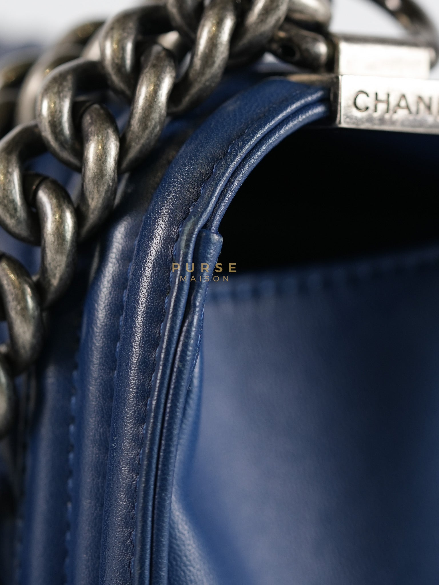 Boy Old Medium in Dark Royal Blue Chevron Lambskin Leather & Ruthenium Hardware Series 20 | Purse Maison Luxury Bags Shop