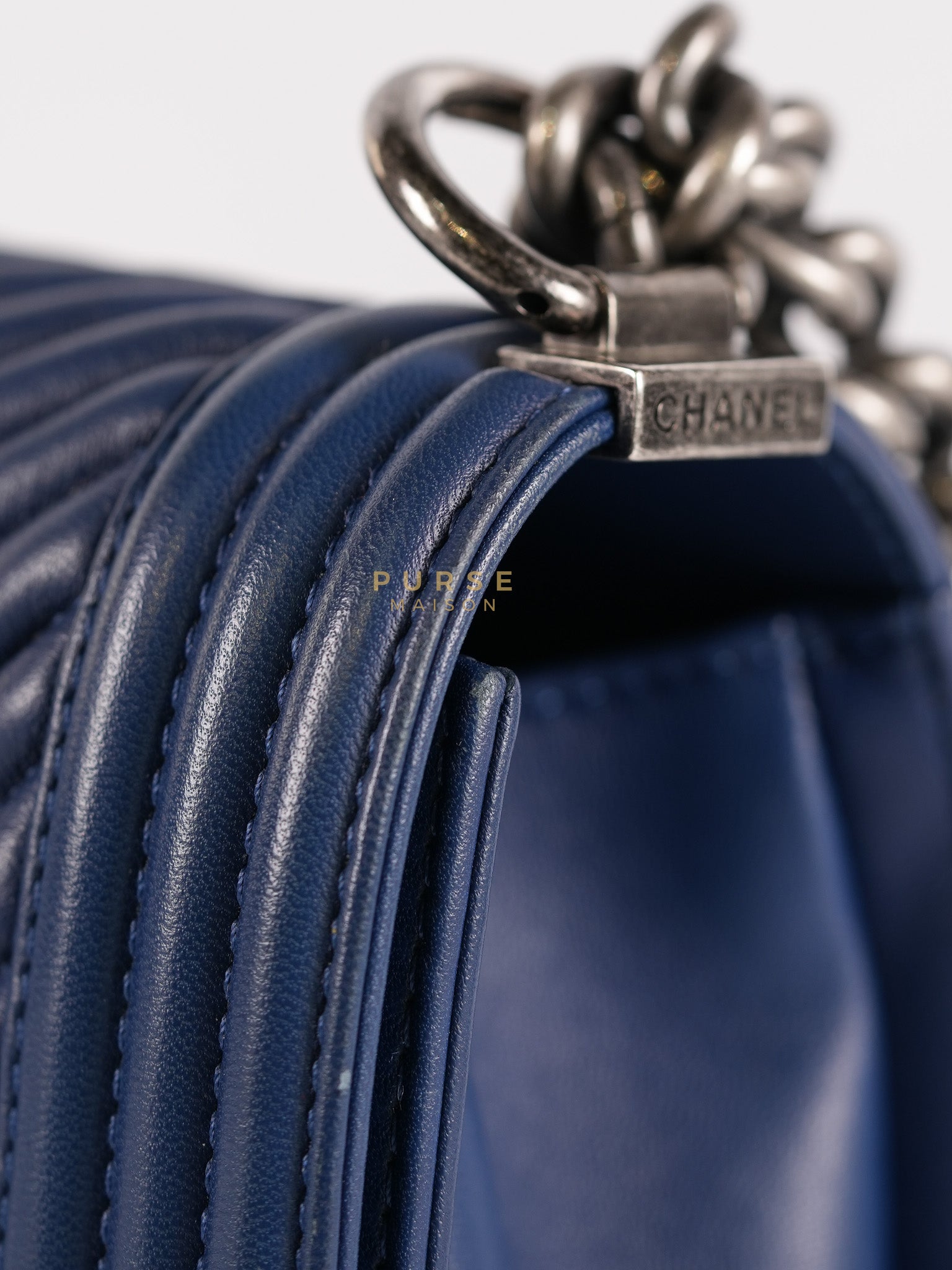 Boy Old Medium in Dark Royal Blue Chevron Lambskin Leather & Ruthenium Hardware Series 20 | Purse Maison Luxury Bags Shop