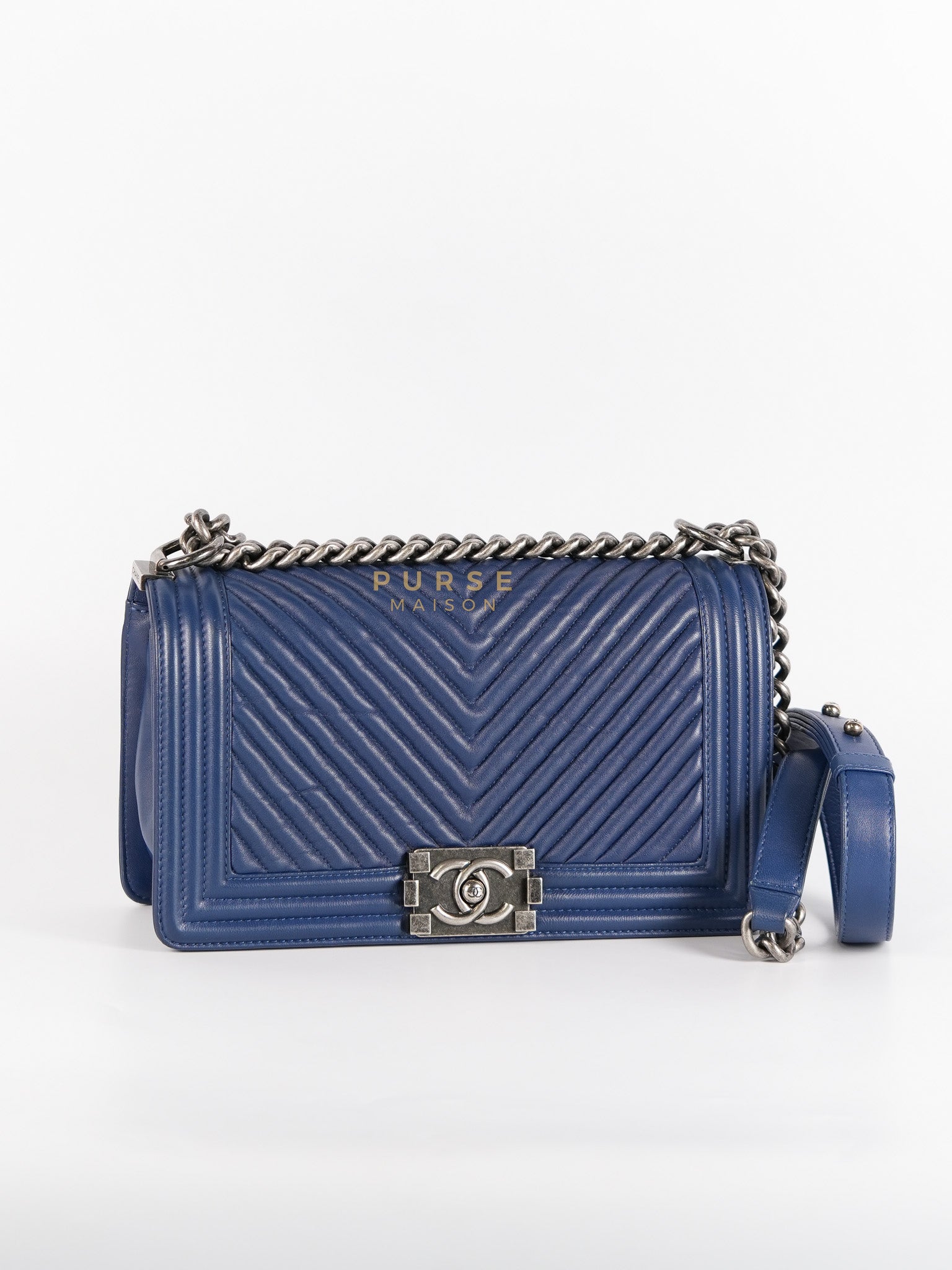 Boy Old Medium in Dark Royal Blue Chevron Lambskin Leather & Ruthenium Hardware Series 20 | Purse Maison Luxury Bags Shop