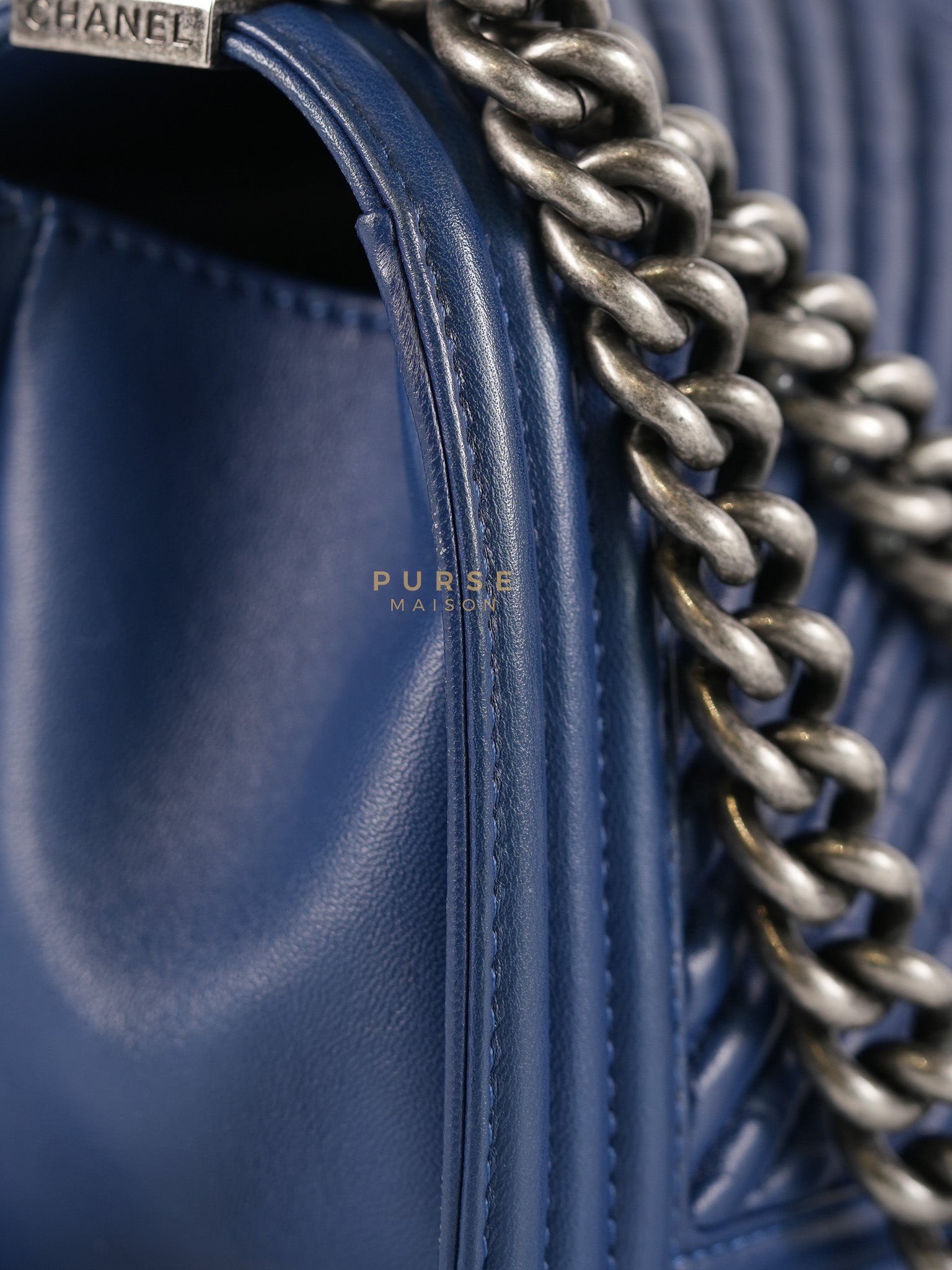 Boy Old Medium in Dark Royal Blue Chevron Lambskin Leather & Ruthenium Hardware Series 20 | Purse Maison Luxury Bags Shop