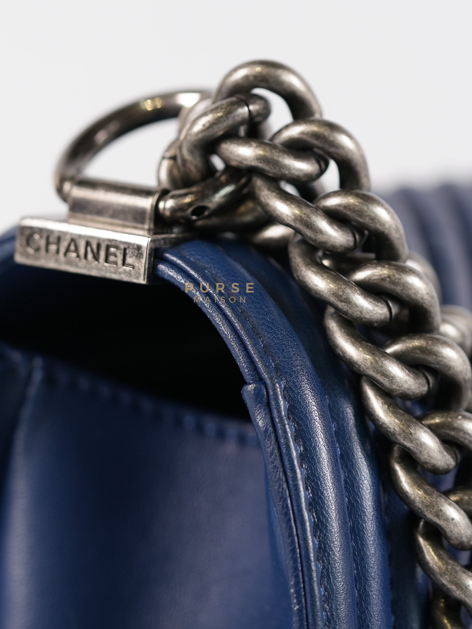 Boy Old Medium in Dark Royal Blue Chevron Lambskin Leather & Ruthenium Hardware Series 20 | Purse Maison Luxury Bags Shop