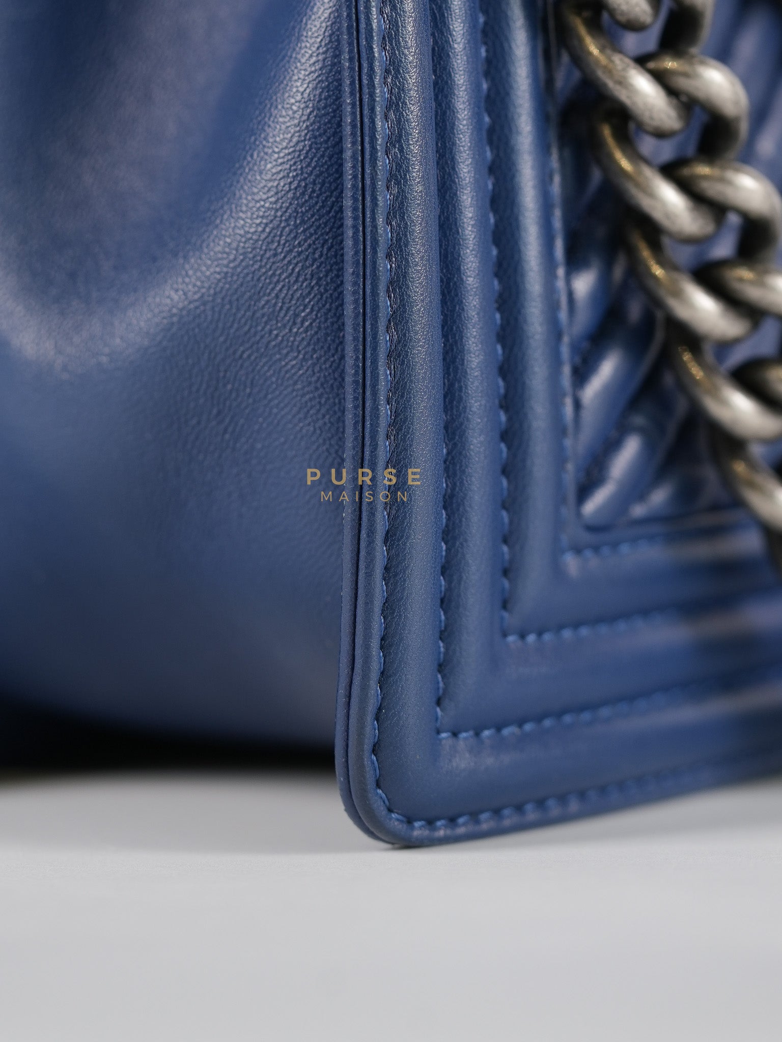 Boy Old Medium in Dark Royal Blue Chevron Lambskin Leather & Ruthenium Hardware Series 20 | Purse Maison Luxury Bags Shop