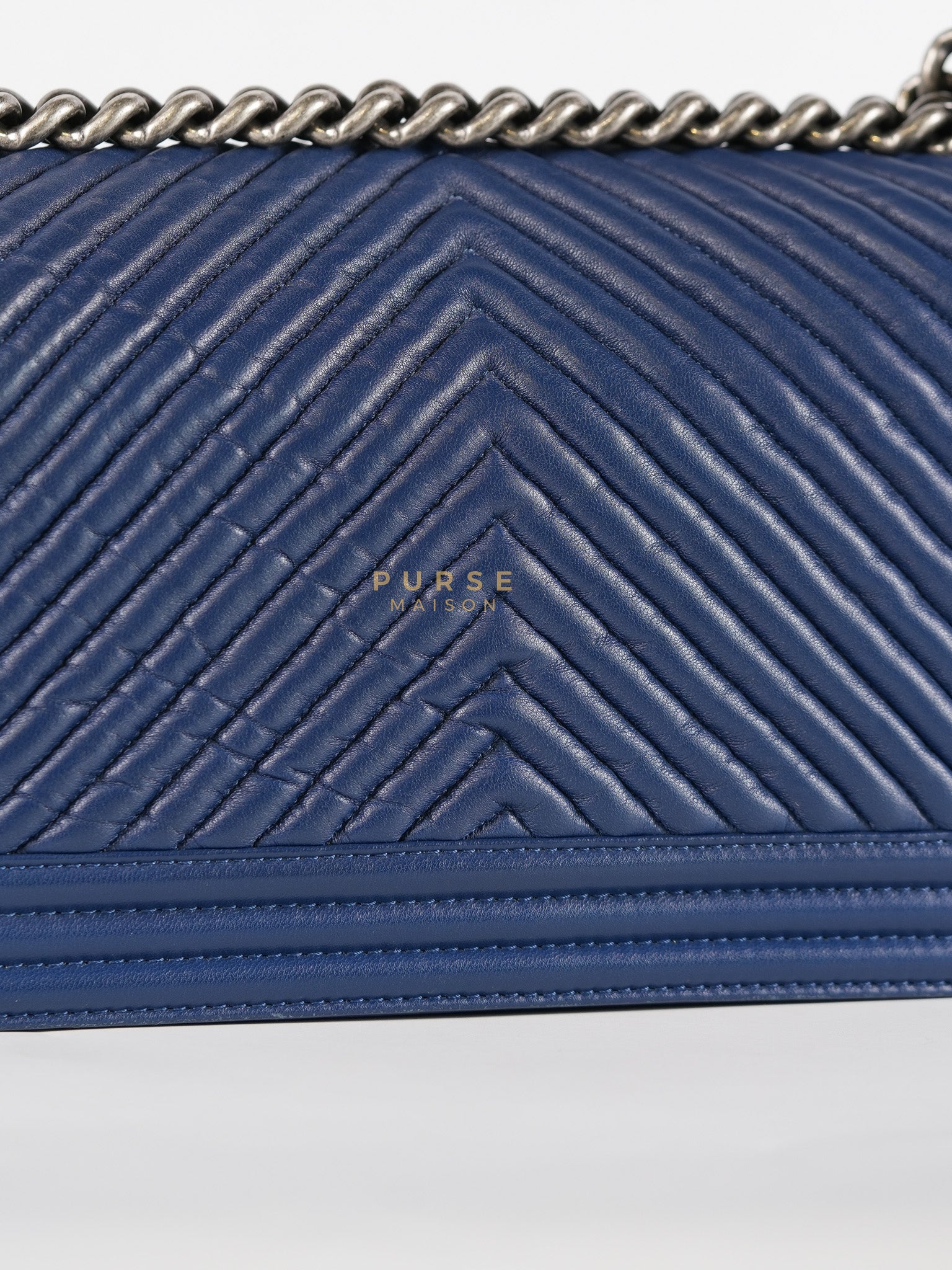 Boy Old Medium in Dark Royal Blue Chevron Lambskin Leather & Ruthenium Hardware Series 20 | Purse Maison Luxury Bags Shop
