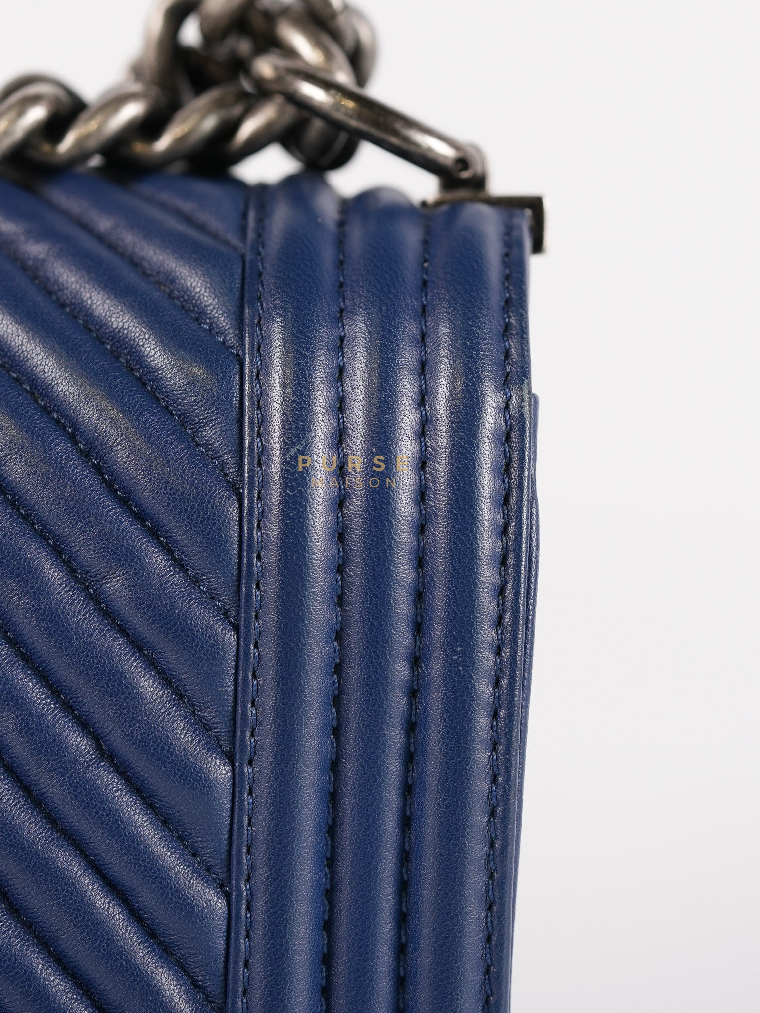 Boy Old Medium in Dark Royal Blue Chevron Lambskin Leather & Ruthenium Hardware Series 20 | Purse Maison Luxury Bags Shop