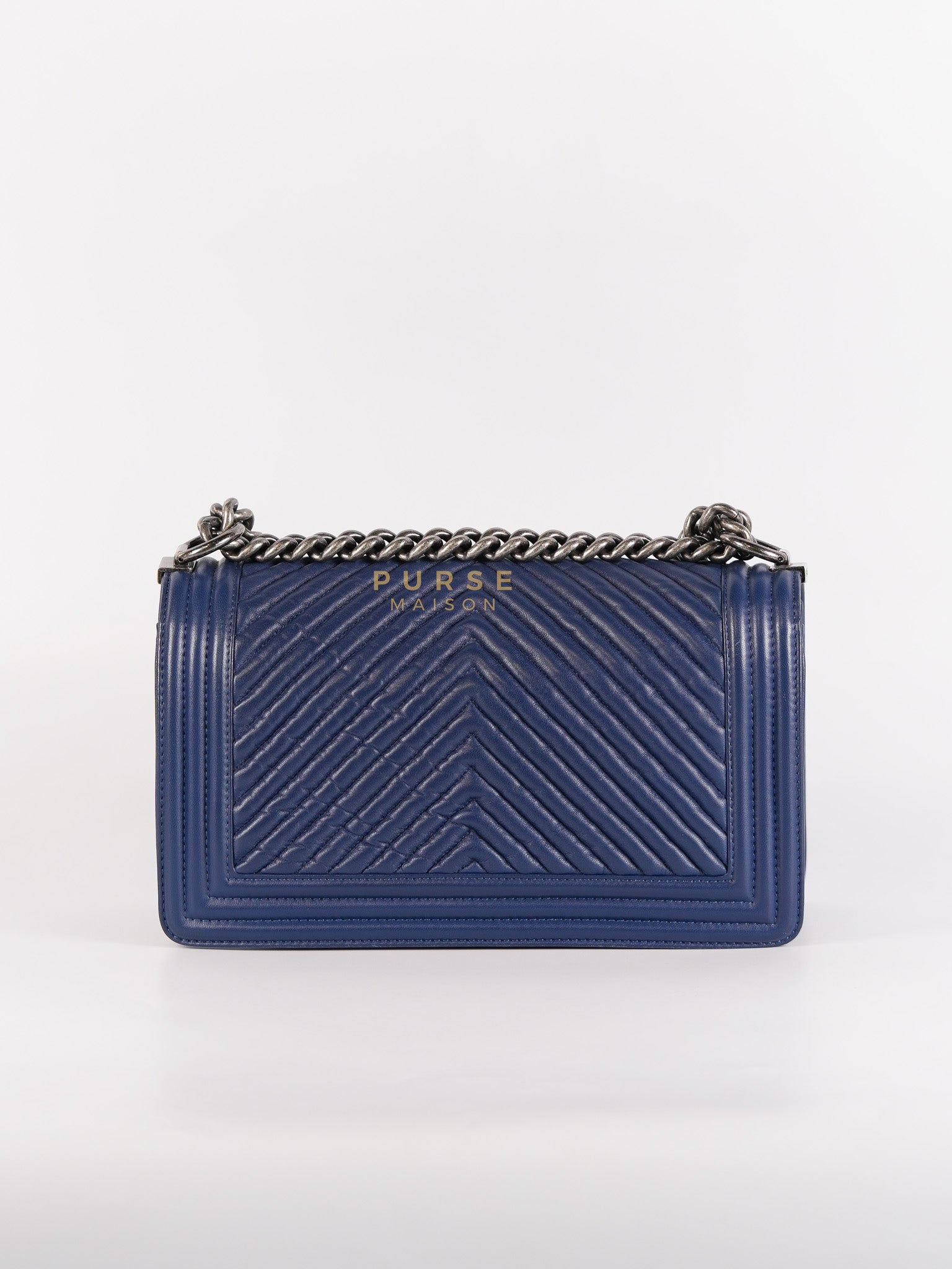 Boy Old Medium in Dark Royal Blue Chevron Lambskin Leather & Ruthenium Hardware Series 20 | Purse Maison Luxury Bags Shop