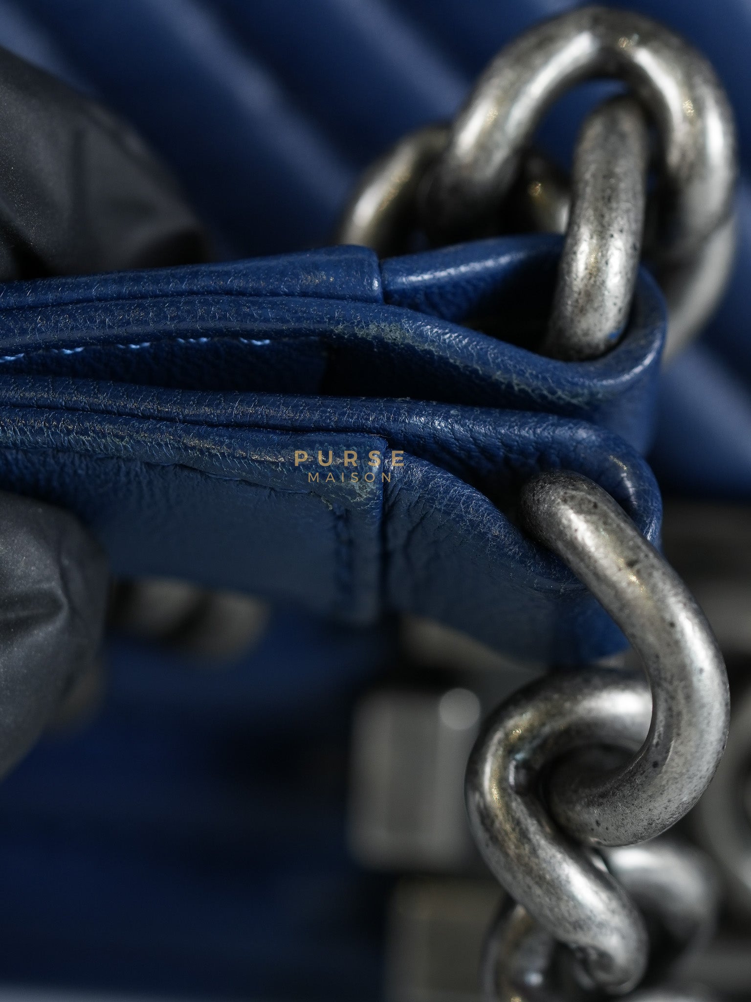 Boy Old Medium in Dark Royal Blue Chevron Lambskin Leather & Ruthenium Hardware Series 20 | Purse Maison Luxury Bags Shop