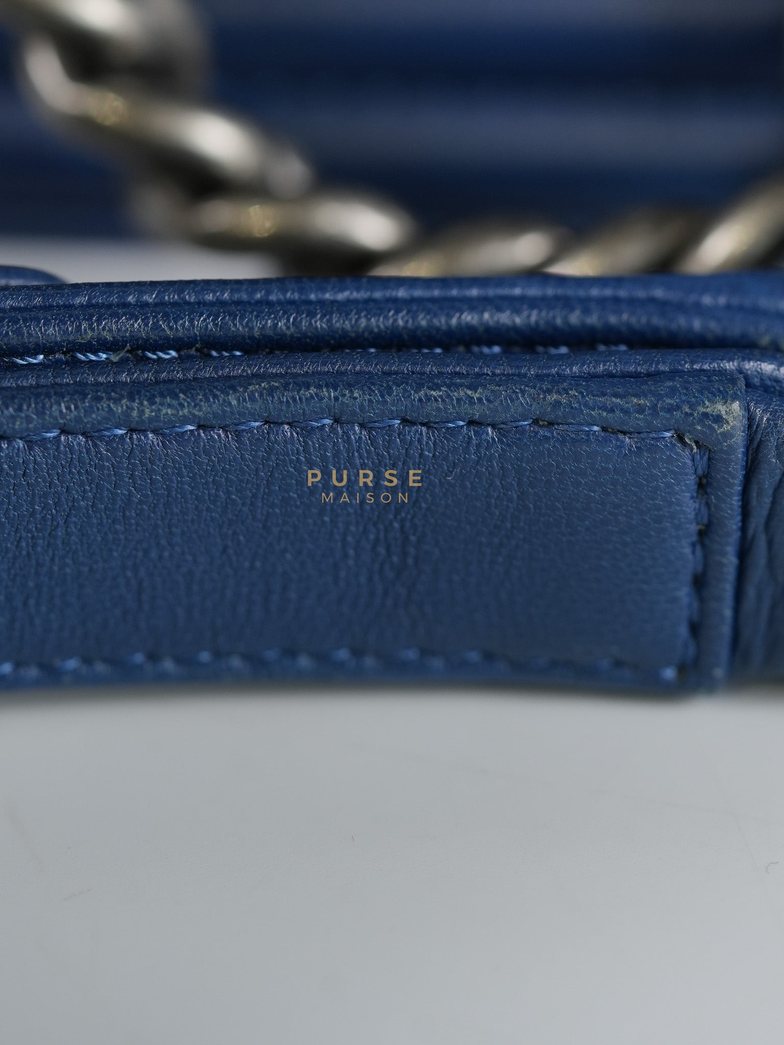 Boy Old Medium in Dark Royal Blue Chevron Lambskin Leather & Ruthenium Hardware Series 20 | Purse Maison Luxury Bags Shop