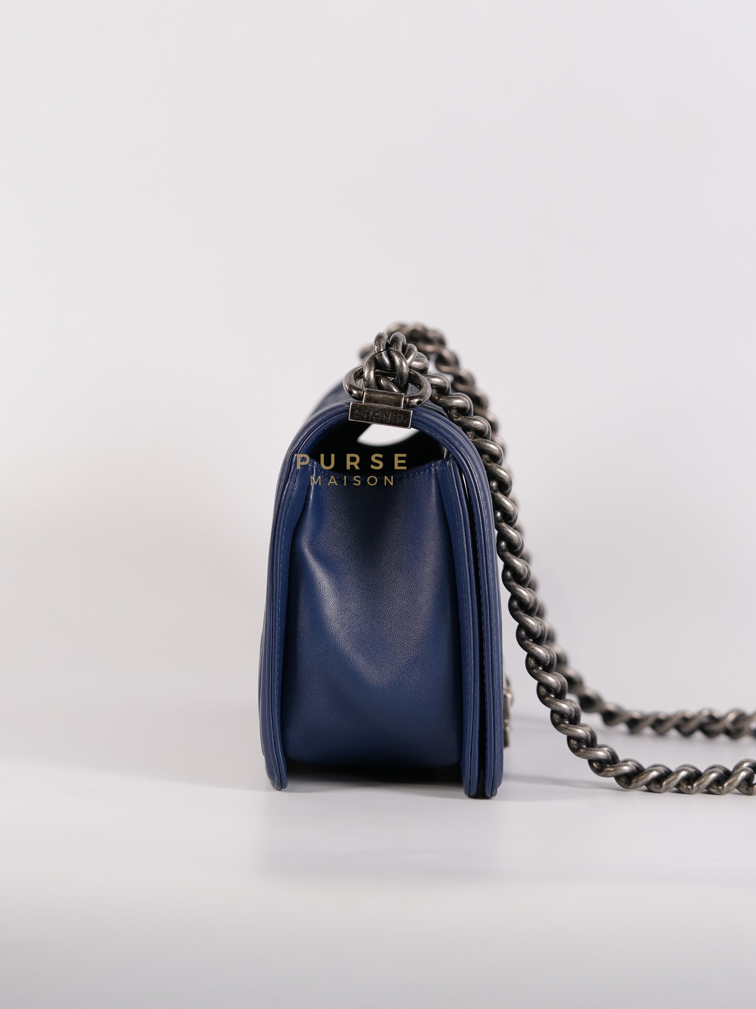 Boy Old Medium in Dark Royal Blue Chevron Lambskin Leather & Ruthenium Hardware Series 20 | Purse Maison Luxury Bags Shop