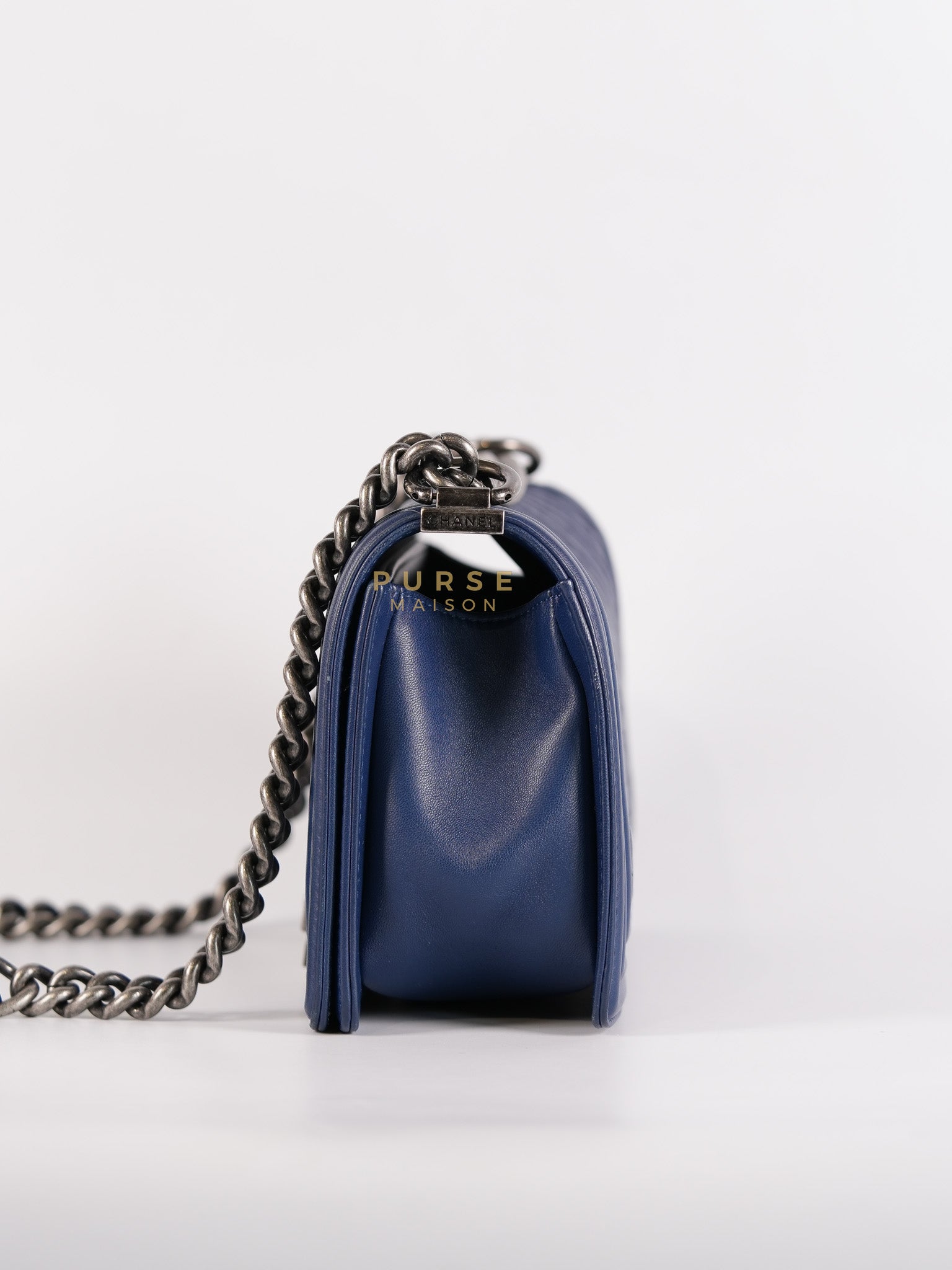 Boy Old Medium in Dark Royal Blue Chevron Lambskin Leather & Ruthenium Hardware Series 20 | Purse Maison Luxury Bags Shop