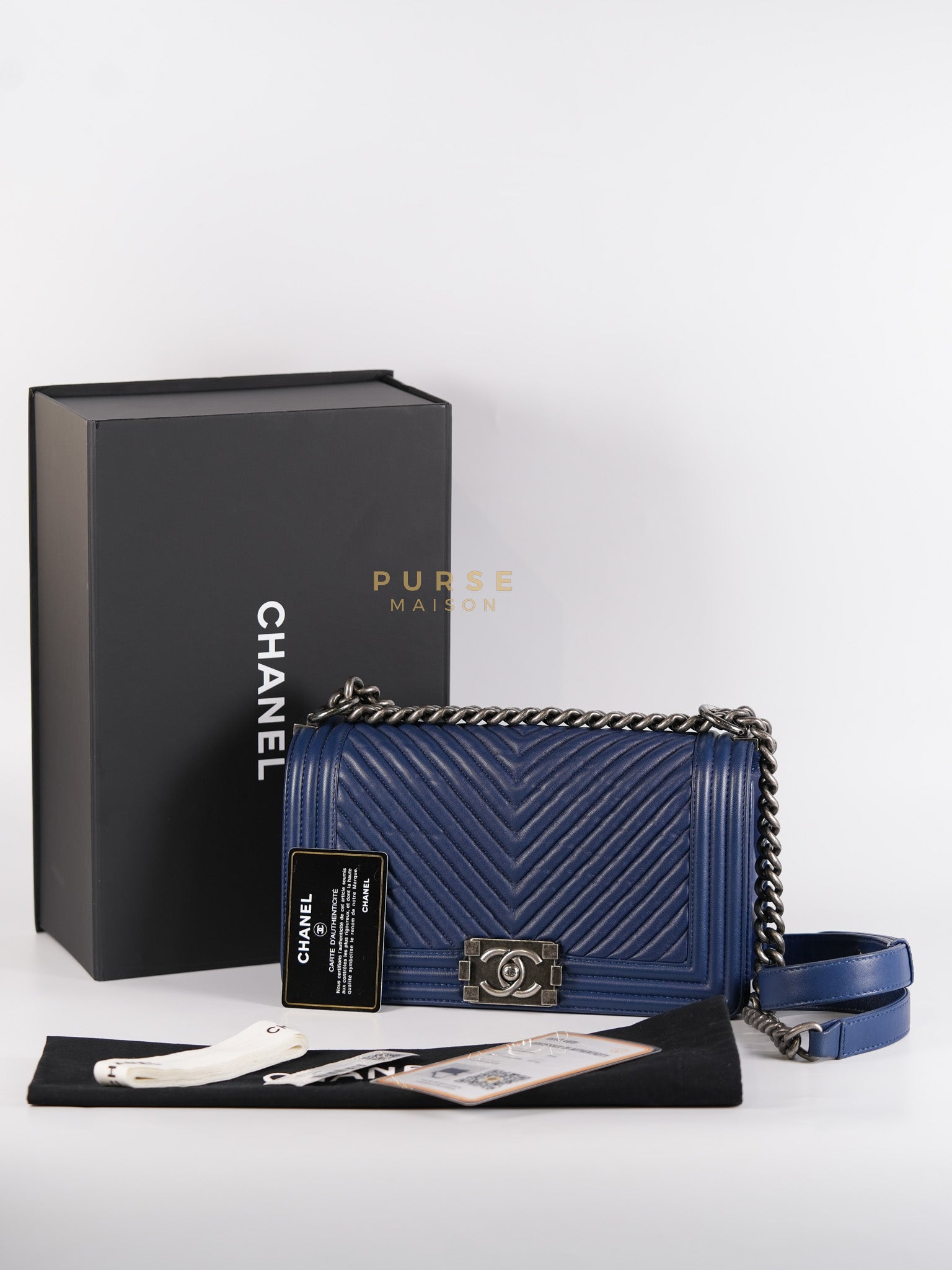 Boy Old Medium in Dark Royal Blue Chevron Lambskin Leather & Ruthenium Hardware Series 20 | Purse Maison Luxury Bags Shop