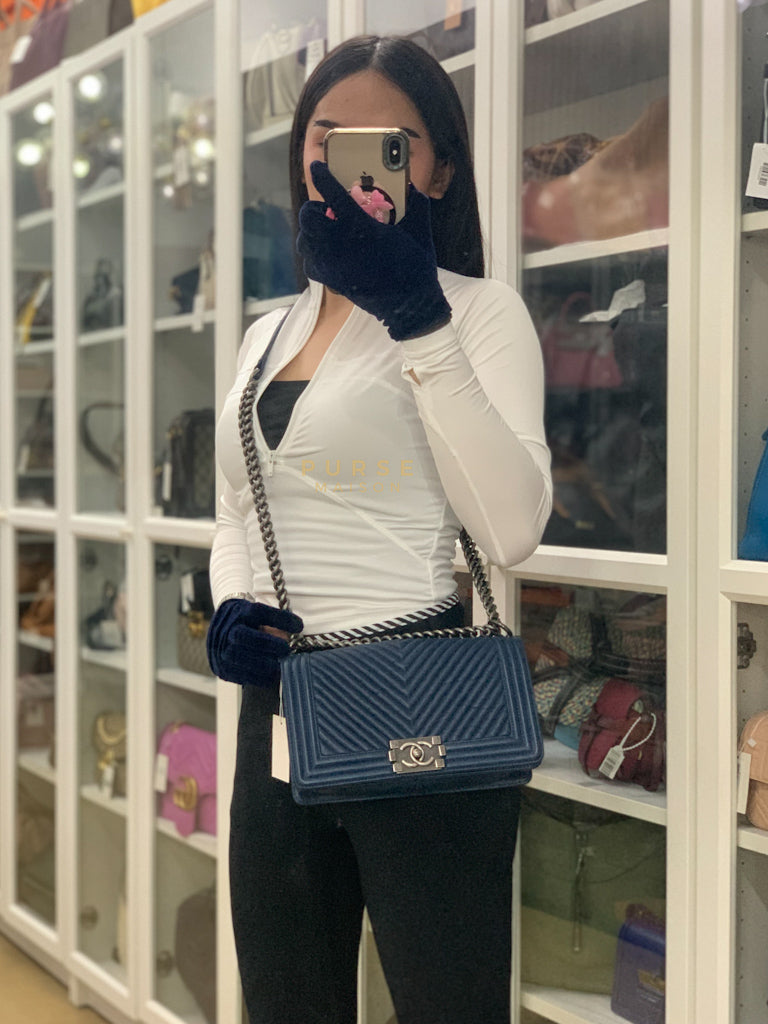 Boy Old Medium in Dark Royal Blue Chevron Lambskin Leather & Ruthenium Hardware Series 20 | Purse Maison Luxury Bags Shop