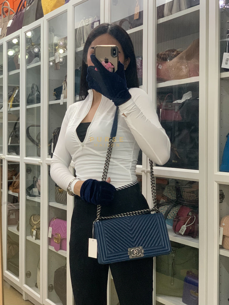 Boy Old Medium in Dark Royal Blue Chevron Lambskin Leather & Ruthenium Hardware Series 20 | Purse Maison Luxury Bags Shop