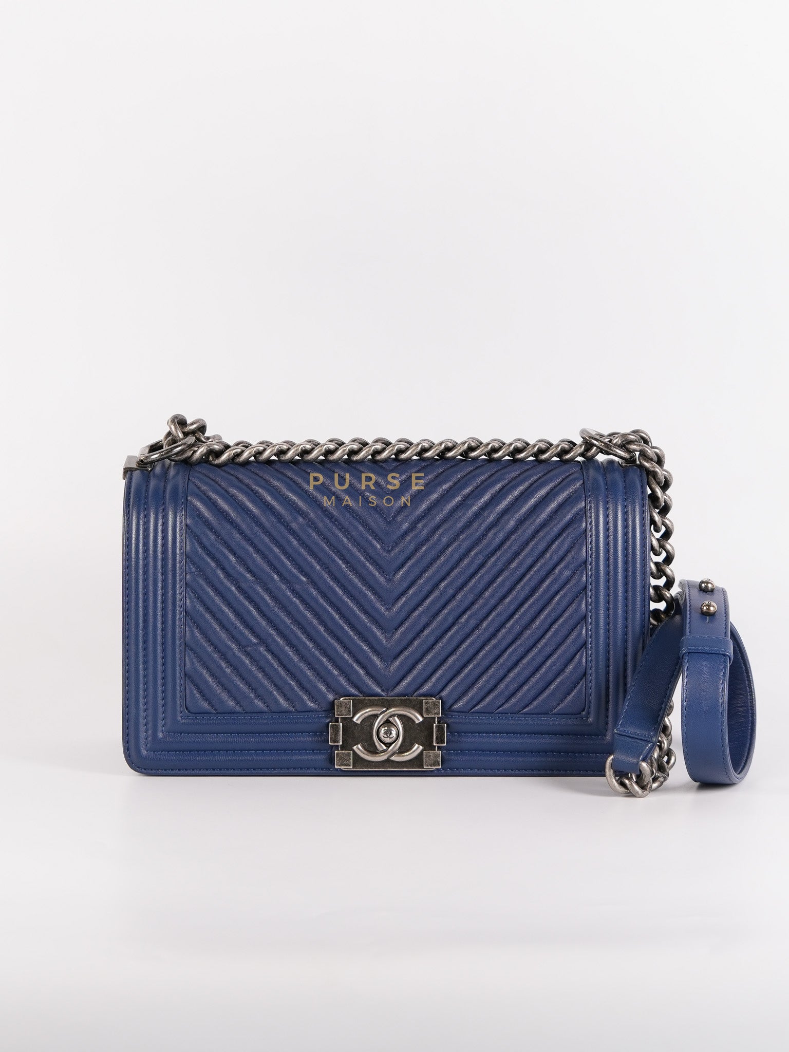 Boy Old Medium in Dark Royal Blue Chevron Lambskin Leather & Ruthenium Hardware Series 20 | Purse Maison Luxury Bags Shop