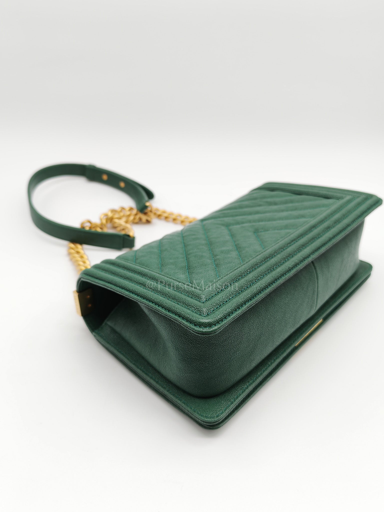 Boy Old Medium in Green Chevron Calfskin Leather and Aged Gold Hardware Series 26 | Purse Maison Luxury Bags Shop
