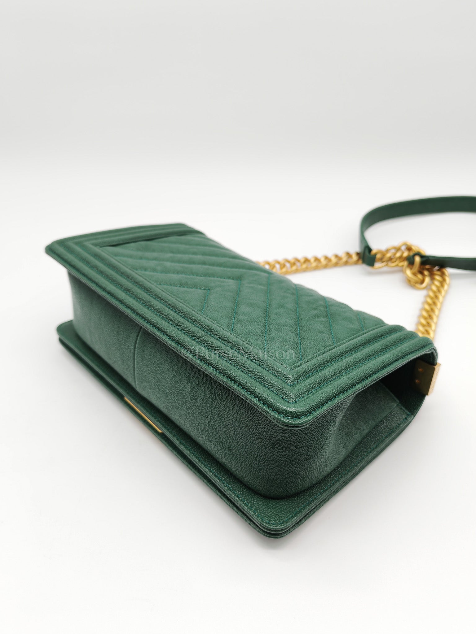 Boy Old Medium in Green Chevron Calfskin Leather and Aged Gold Hardware Series 26 | Purse Maison Luxury Bags Shop