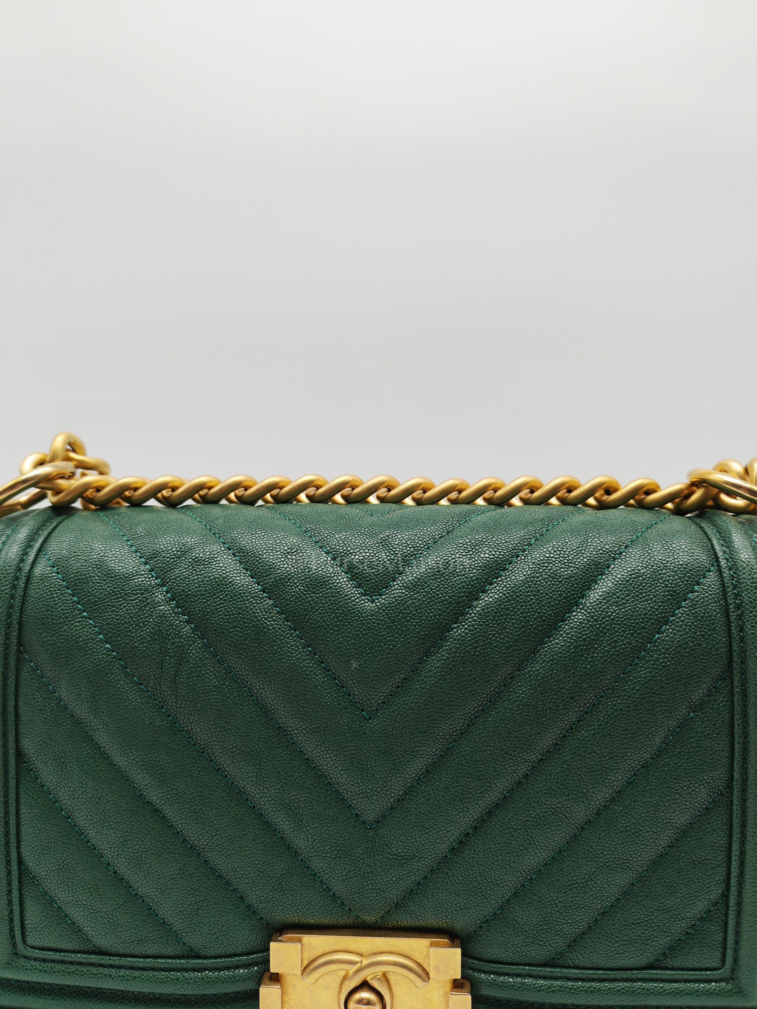 Boy Old Medium in Green Chevron Calfskin Leather and Aged Gold Hardware Series 26 | Purse Maison Luxury Bags Shop
