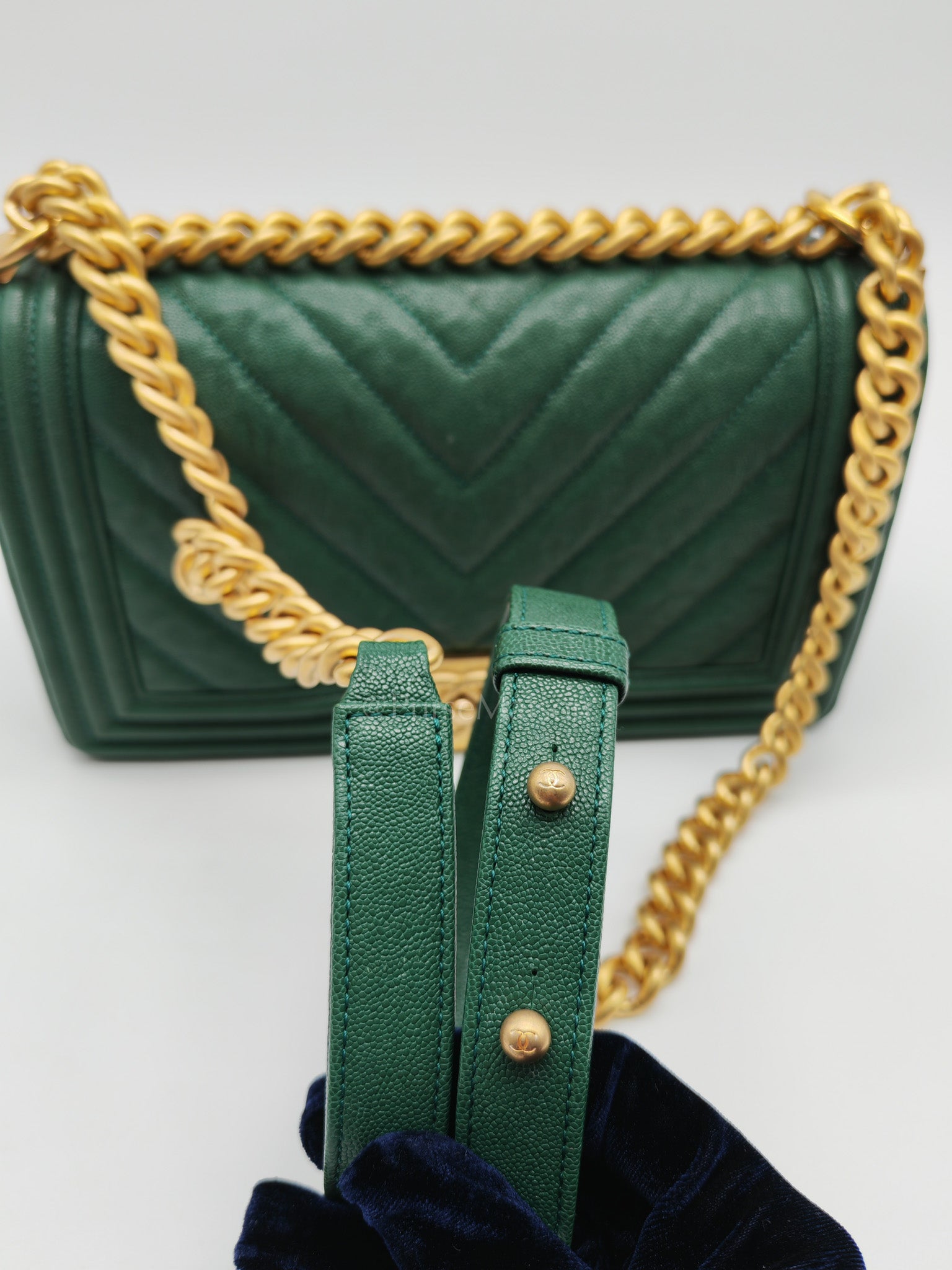 Boy Old Medium in Green Chevron Calfskin Leather and Aged Gold Hardware Series 26 | Purse Maison Luxury Bags Shop