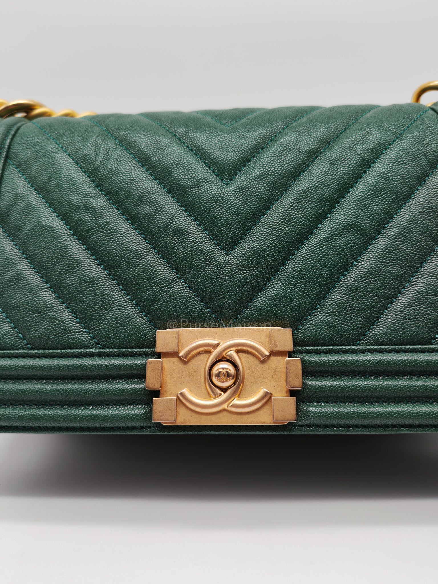 Boy Old Medium in Green Chevron Calfskin Leather and Aged Gold Hardware Series 26 | Purse Maison Luxury Bags Shop