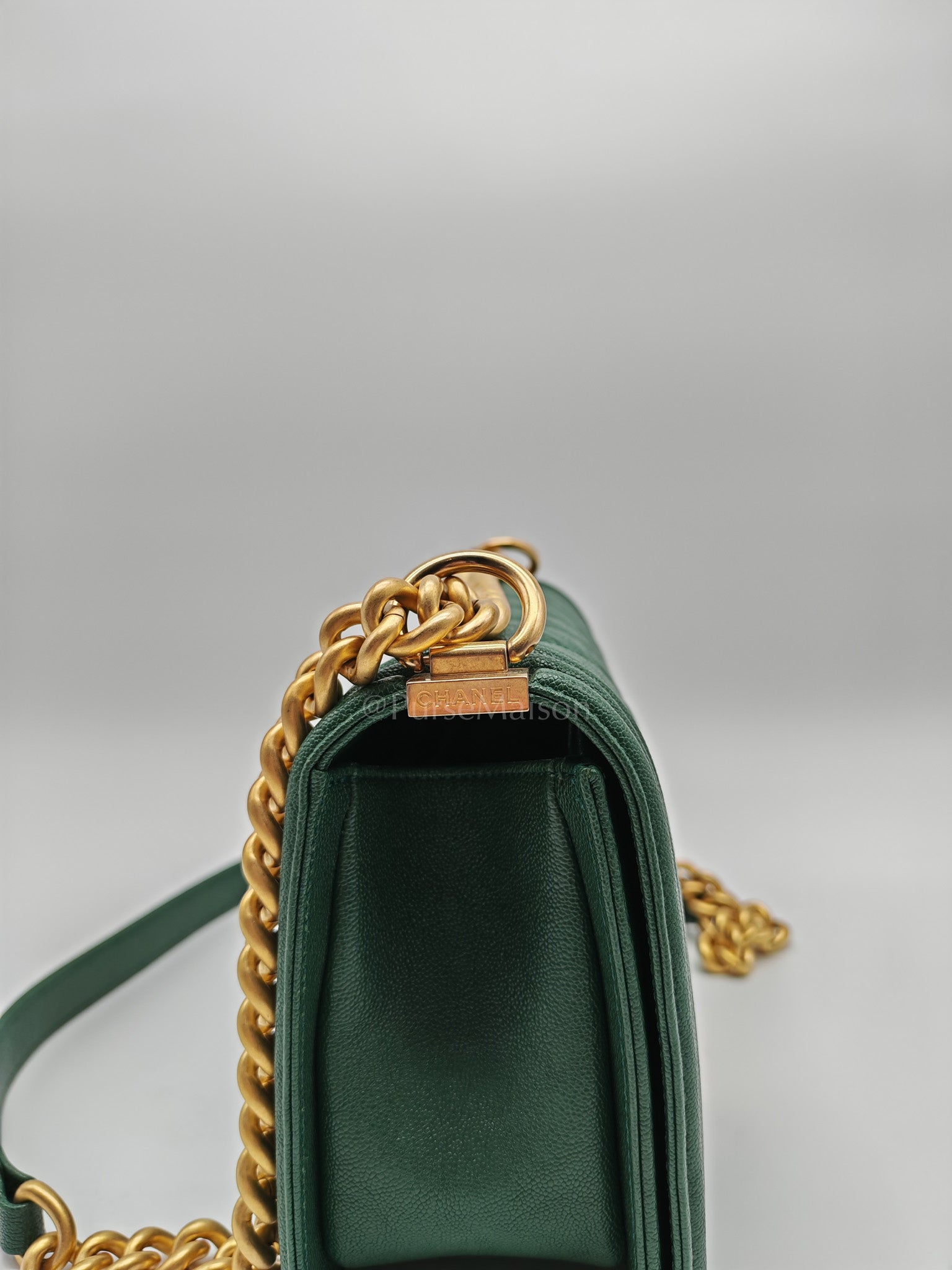 Boy Old Medium in Green Chevron Calfskin Leather and Aged Gold Hardware Series 26 | Purse Maison Luxury Bags Shop