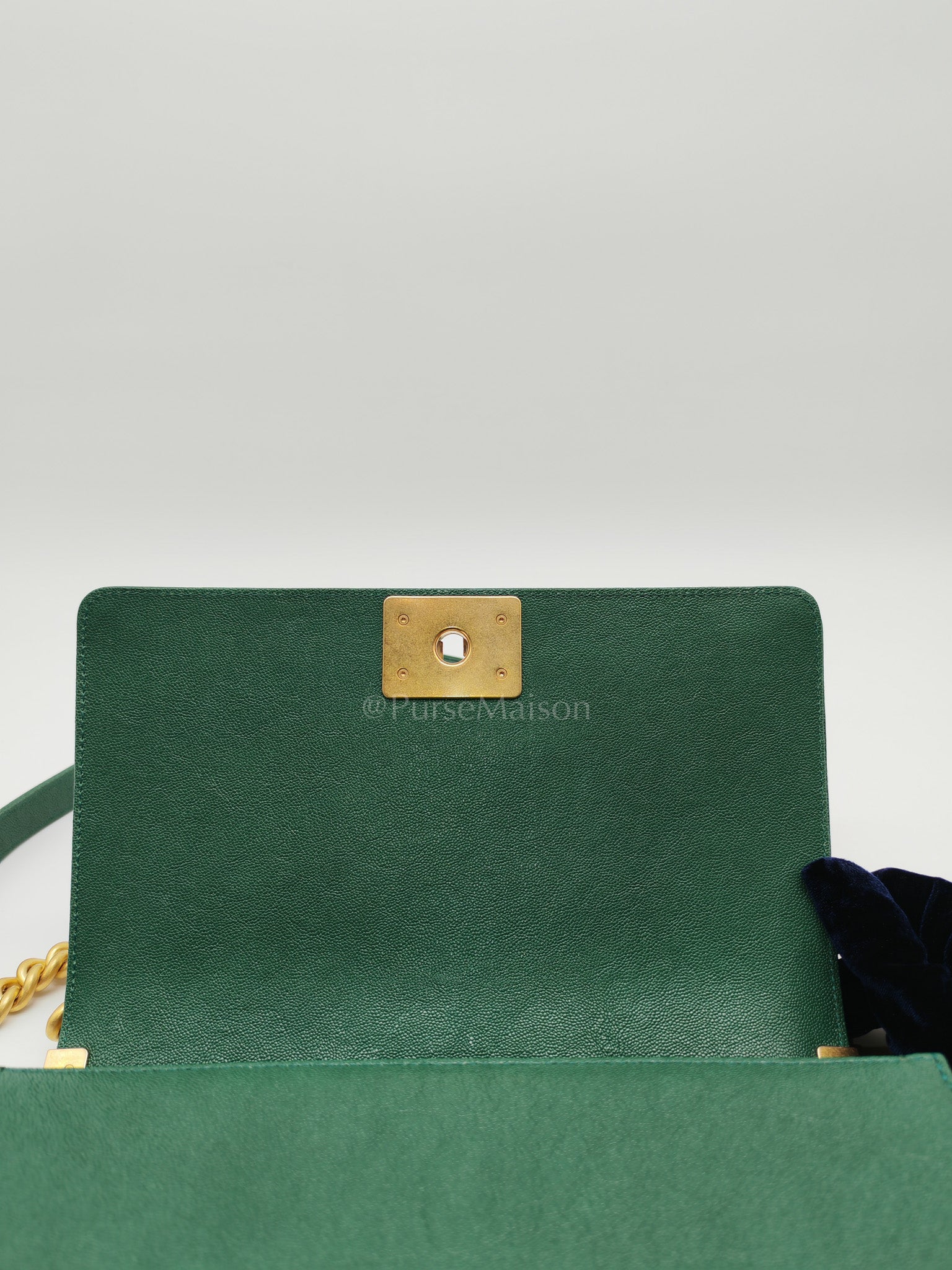 Boy Old Medium in Green Chevron Calfskin Leather and Aged Gold Hardware Series 26 | Purse Maison Luxury Bags Shop