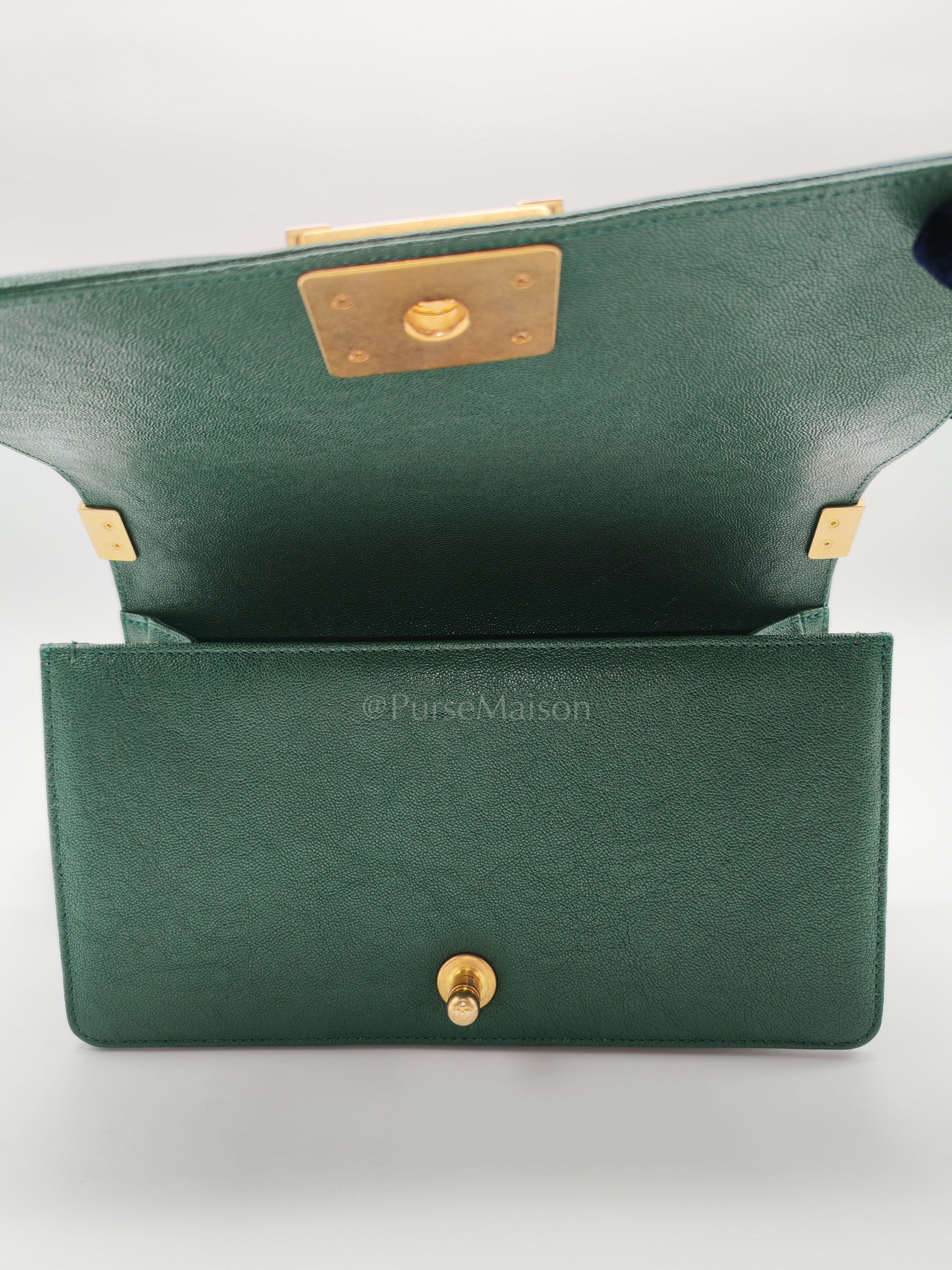 Boy Old Medium in Green Chevron Calfskin Leather and Aged Gold Hardware Series 26 | Purse Maison Luxury Bags Shop