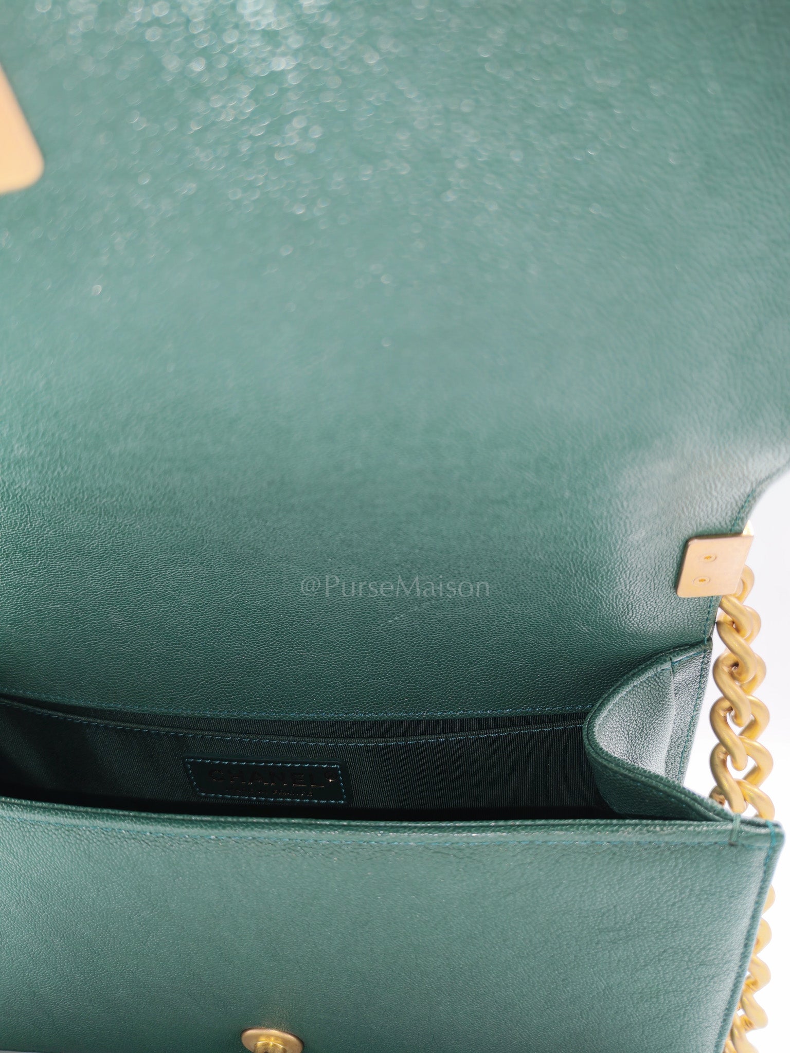 Boy Old Medium in Green Chevron Calfskin Leather and Aged Gold Hardware Series 26 | Purse Maison Luxury Bags Shop