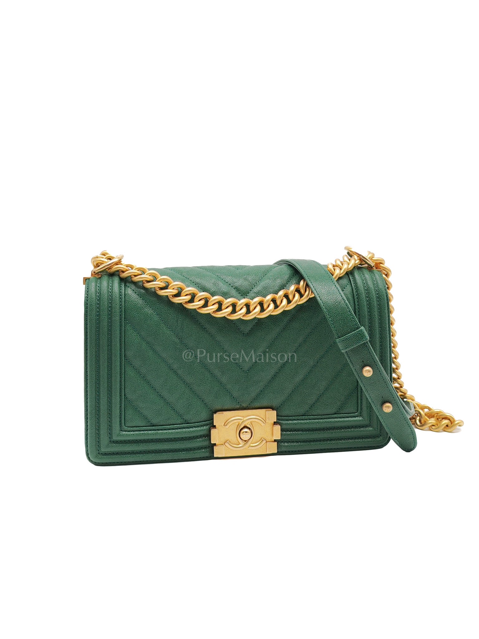 Boy Old Medium in Green Chevron Calfskin Leather and Aged Gold Hardware Series 26 | Purse Maison Luxury Bags Shop