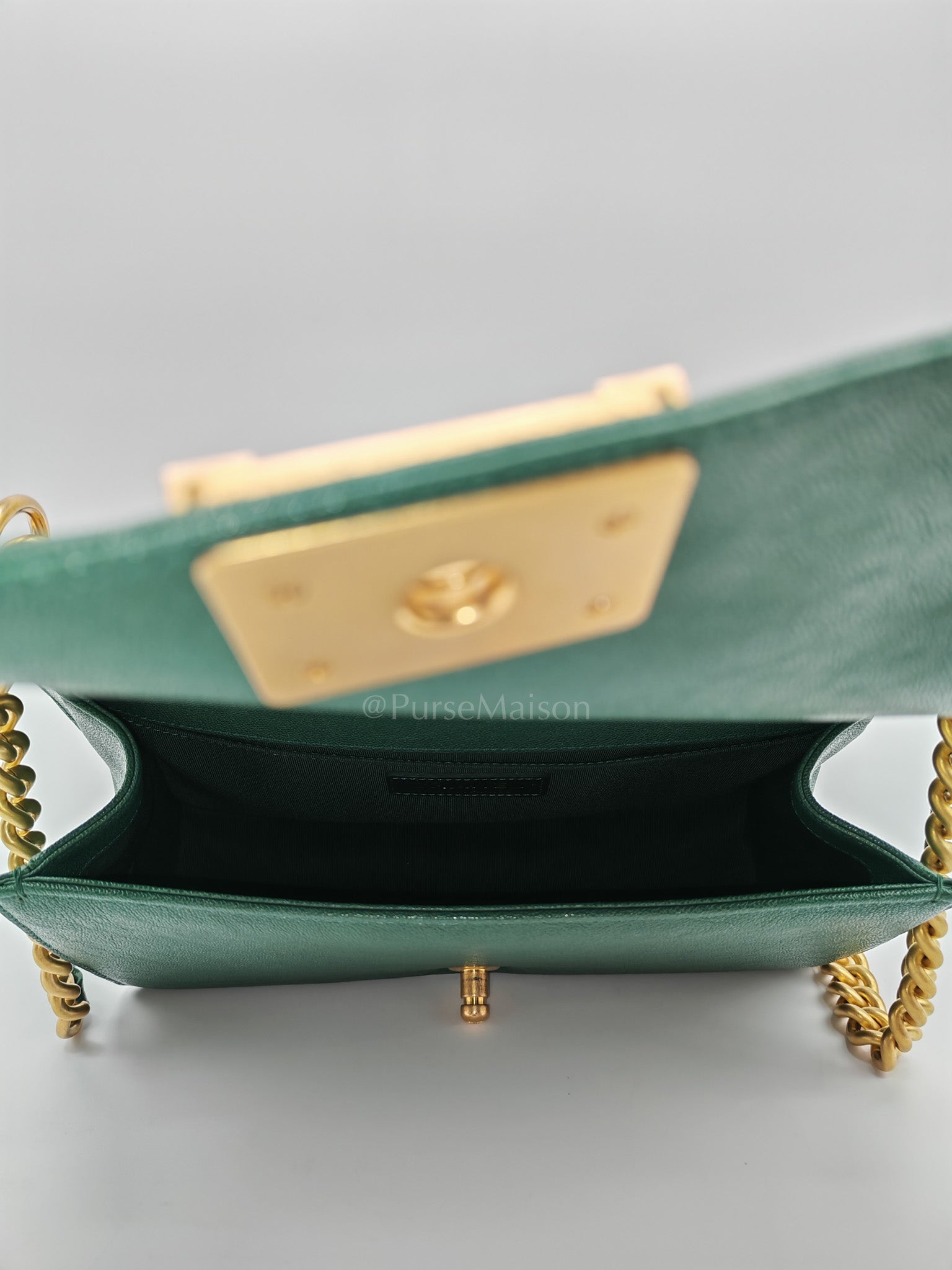 Boy Old Medium in Green Chevron Calfskin Leather and Aged Gold Hardware Series 26 | Purse Maison Luxury Bags Shop