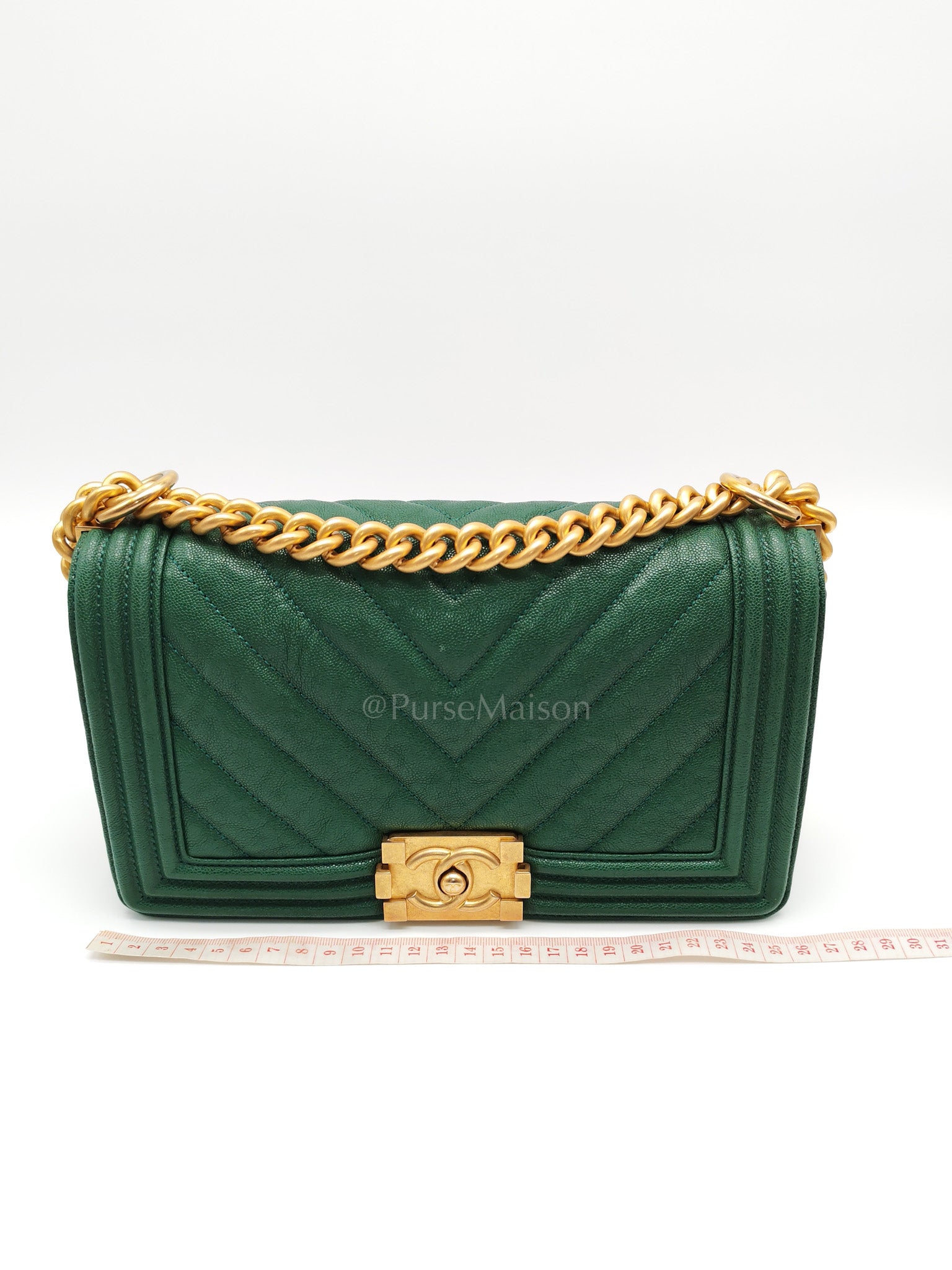 Boy Old Medium in Green Chevron Calfskin Leather and Aged Gold Hardware Series 26 | Purse Maison Luxury Bags Shop