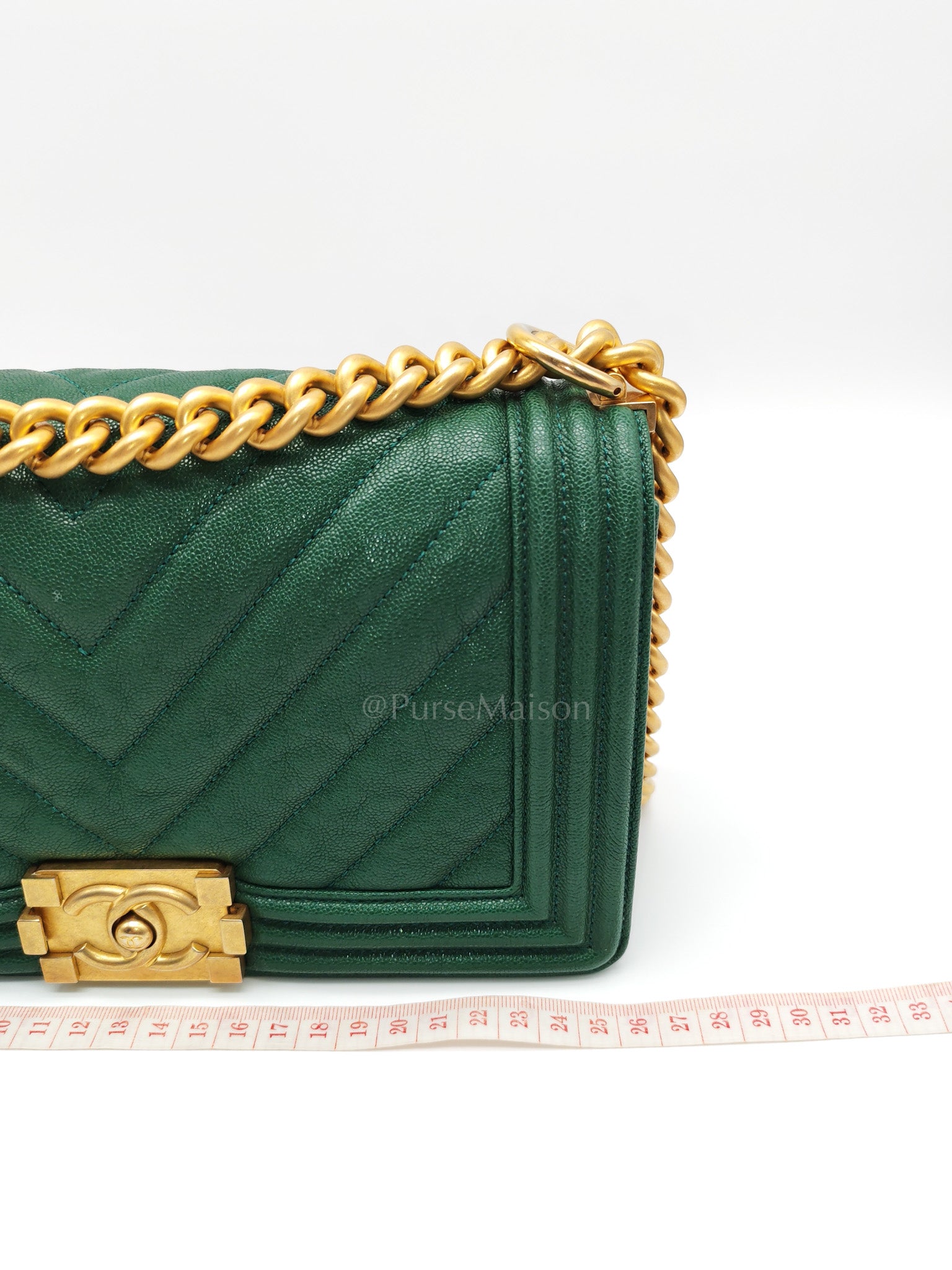 Boy Old Medium in Green Chevron Calfskin Leather and Aged Gold Hardware Series 26 | Purse Maison Luxury Bags Shop