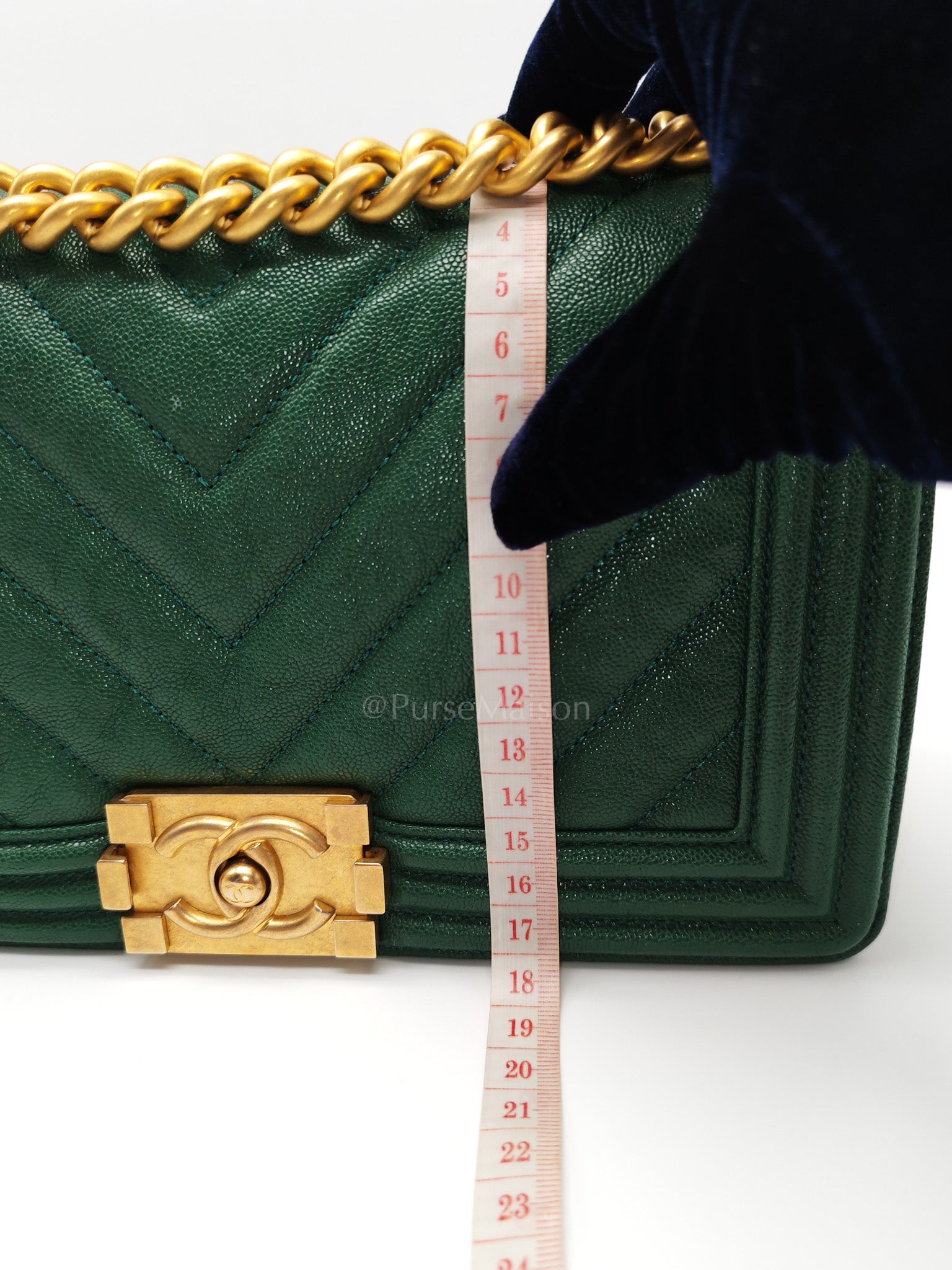 Boy Old Medium in Green Chevron Calfskin Leather and Aged Gold Hardware Series 26 | Purse Maison Luxury Bags Shop