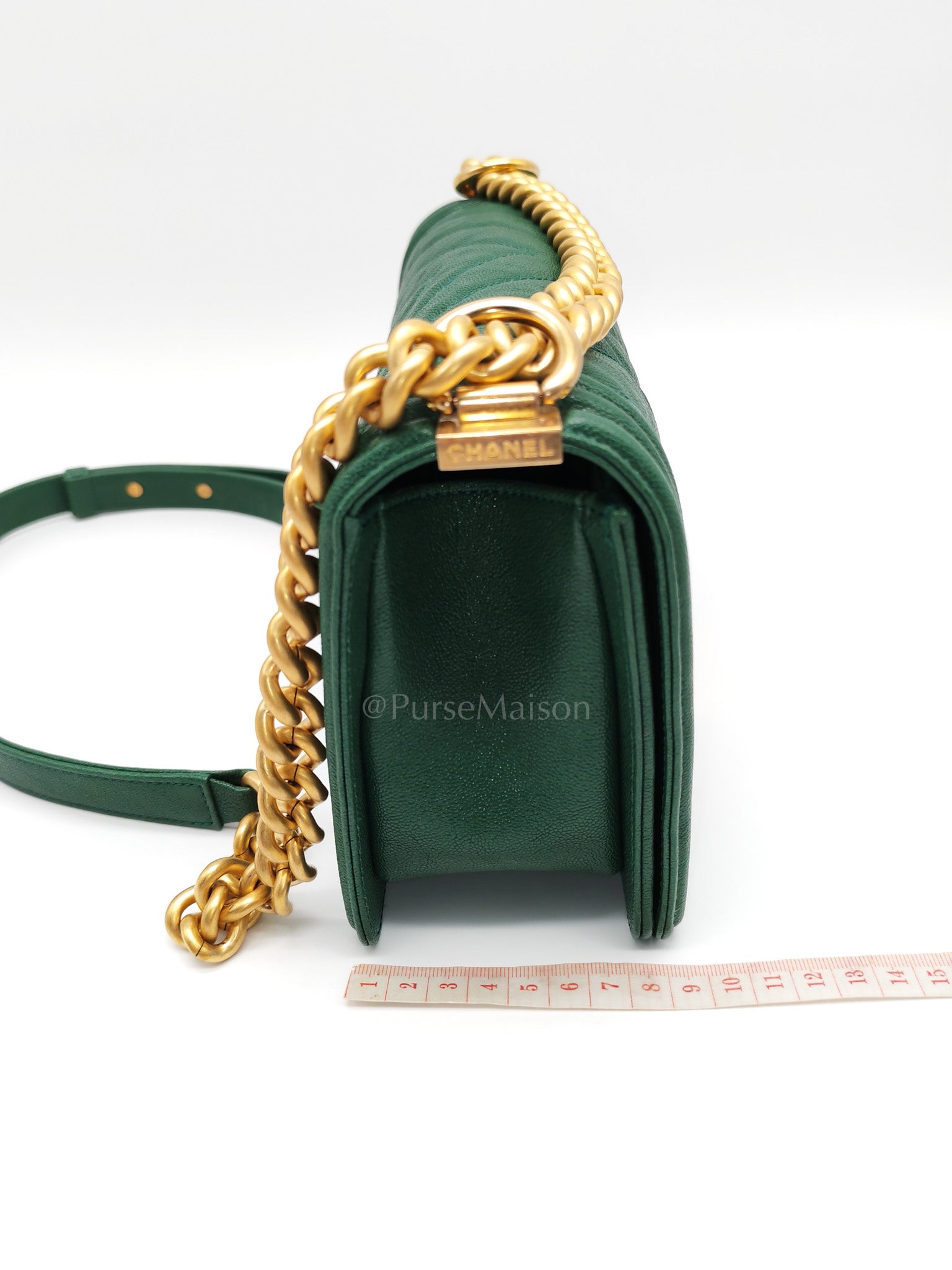 Boy Old Medium in Green Chevron Calfskin Leather and Aged Gold Hardware Series 26 | Purse Maison Luxury Bags Shop