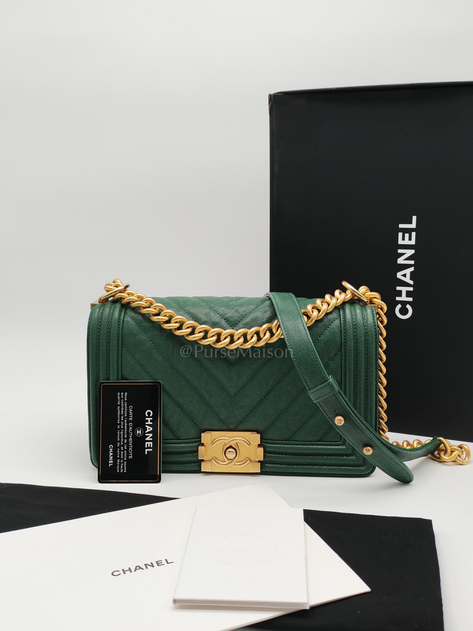 Boy Old Medium in Green Chevron Calfskin Leather and Aged Gold Hardware Series 26 | Purse Maison Luxury Bags Shop