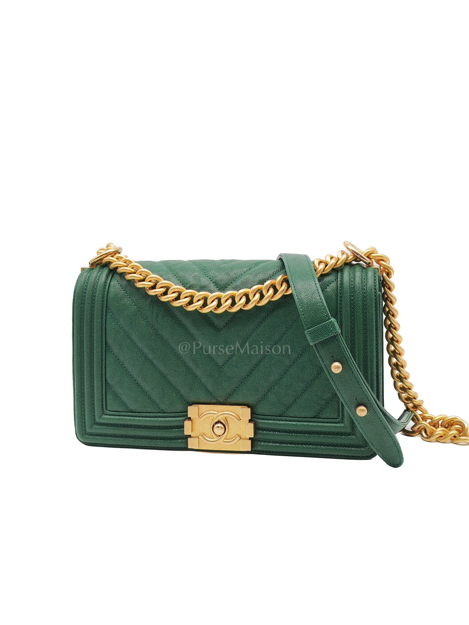 Boy Old Medium in Green Chevron Calfskin Leather and Aged Gold Hardware Series 26 | Purse Maison Luxury Bags Shop