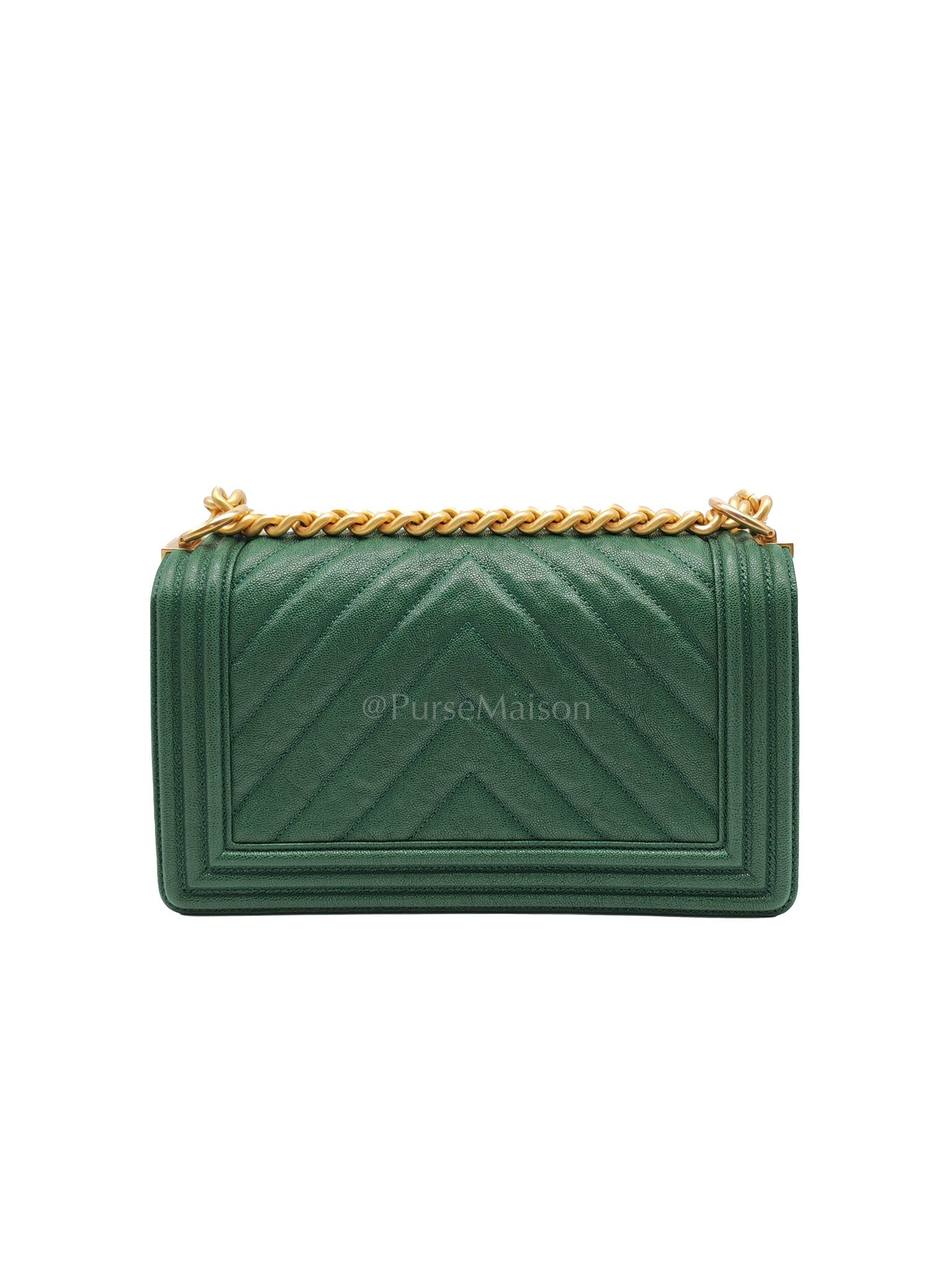 Boy Old Medium in Green Chevron Calfskin Leather and Aged Gold Hardware Series 26 | Purse Maison Luxury Bags Shop