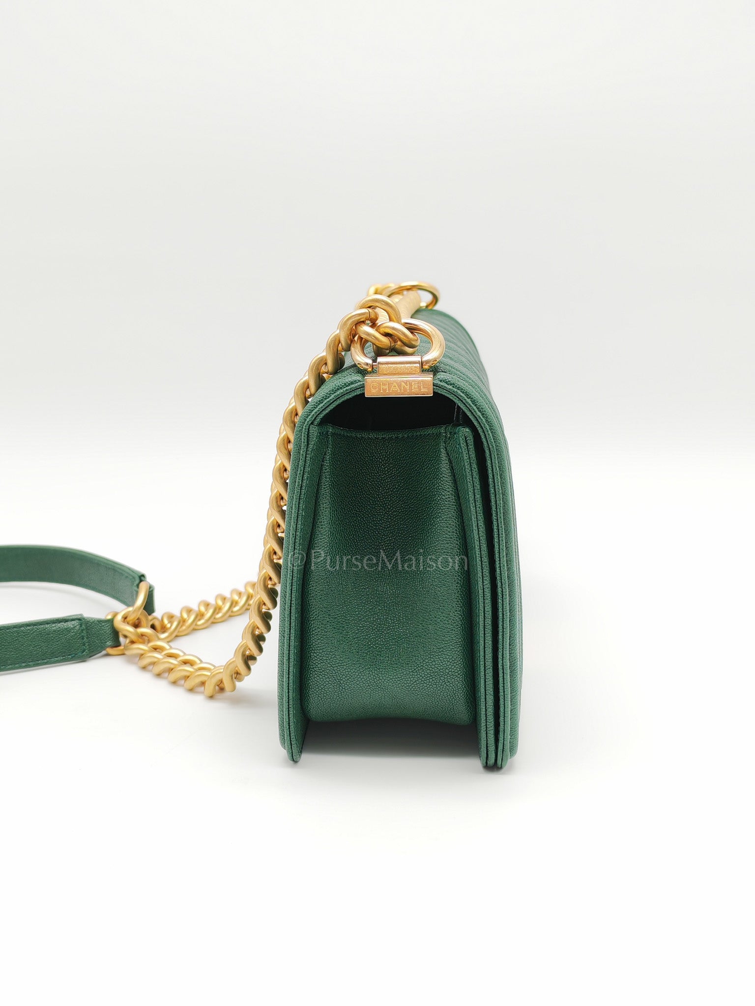 Boy Old Medium in Green Chevron Calfskin Leather and Aged Gold Hardware Series 26 | Purse Maison Luxury Bags Shop